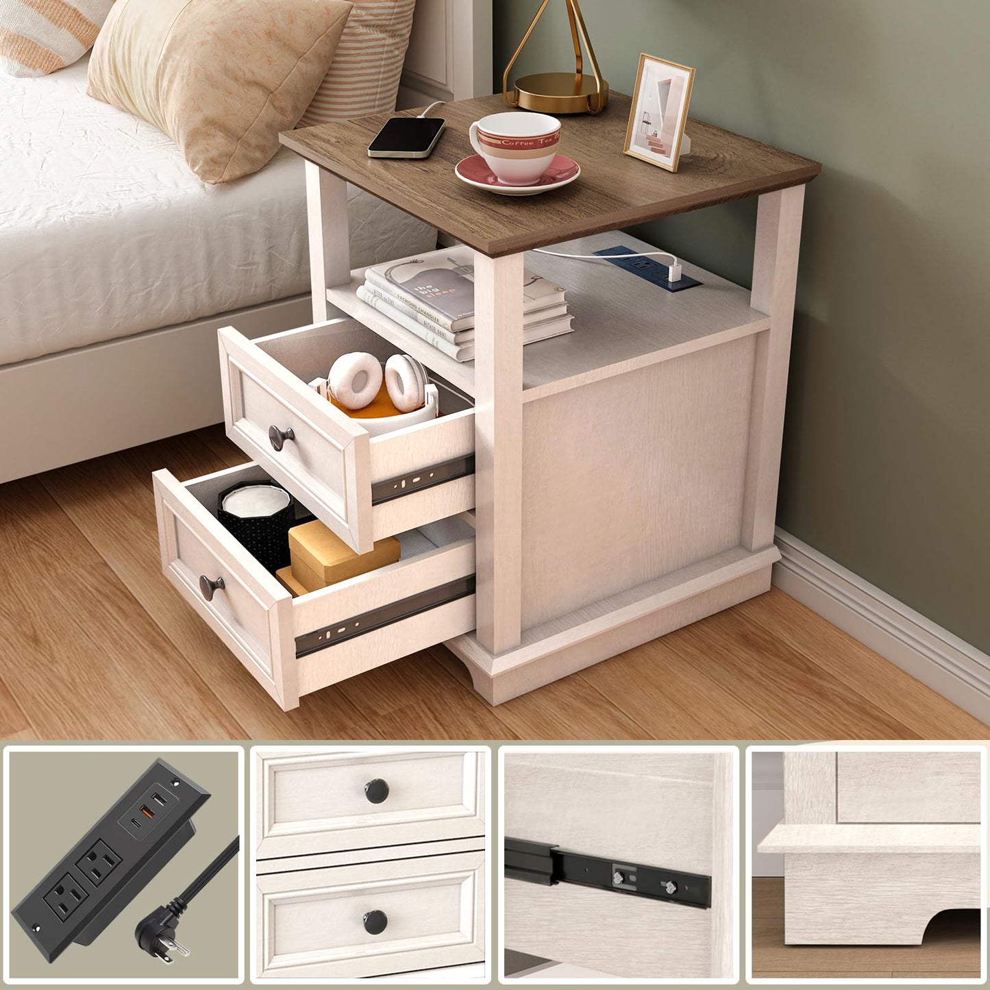 REDAYFUR 24” Tall Nightstand with Charging Station, 18” Bedside Table with Drawers,Rustic Wooden Storage Cabinet with Open Shelf for Bedroom,White