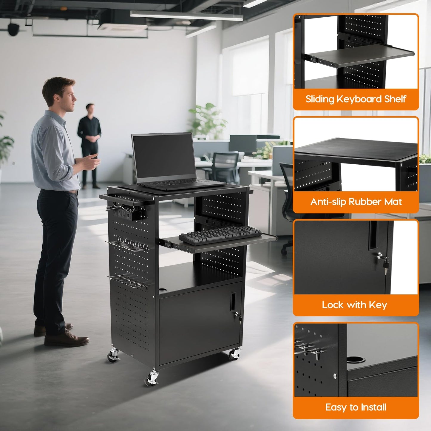AV Cart with Wheels, Lockable Multimedia Computer Cart with Power Strip, Mobile Projector Cart with Pull-Out Keyboard Tray, Steel Cabinet Storage, Pegboard & Hooks for Classroom Office School