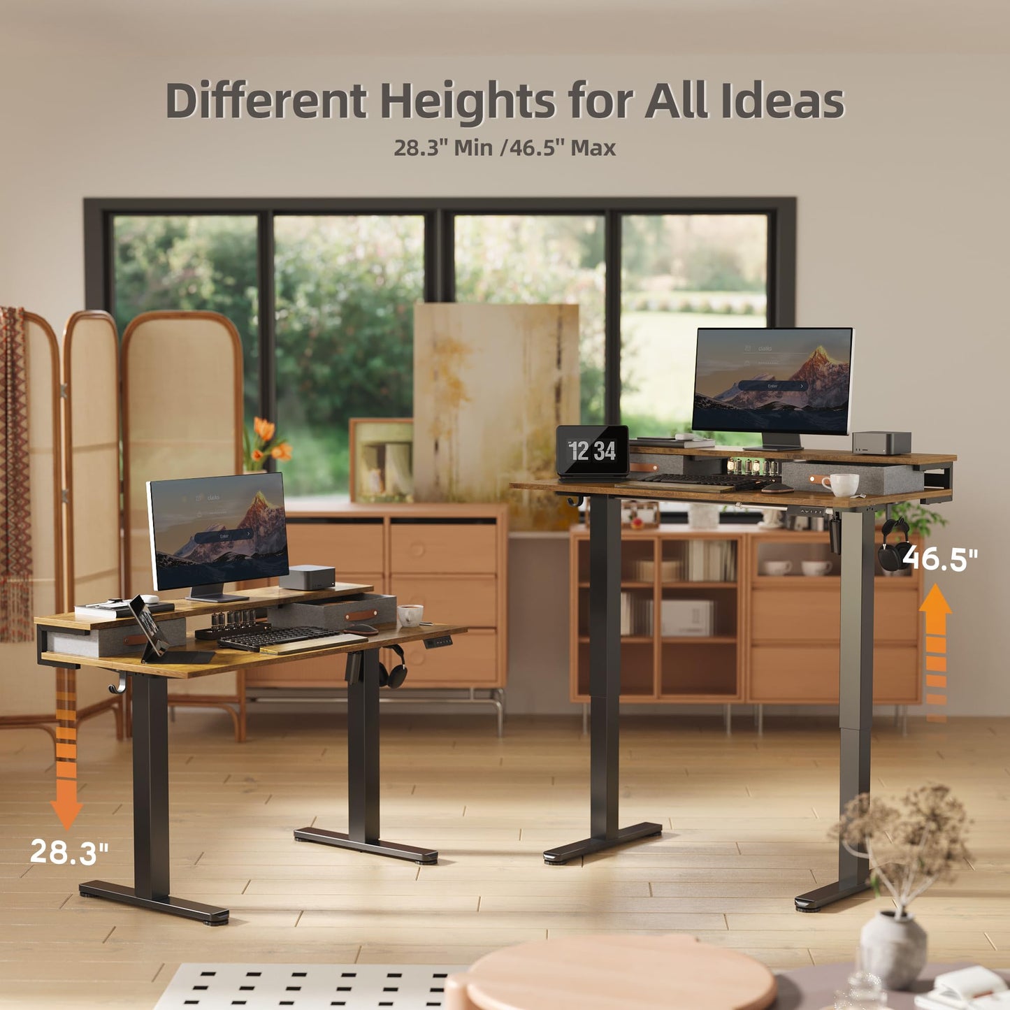 Seang Electric Standing Desk with 2 Drawers, Adjustable Standing Desk with Storage Shelf, Height Adjustable Stand up Desk for Home Office with 3 Presets & 2 Hooks, 55 Inch, Rustic Brown