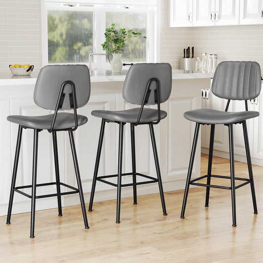 Raynesys 29-Inch Leather Bar Stools Set of 3, Counter Height Barstools with High Backrest，Bar Chairs for Kitchen Island with Heavy Duty Metal Base, Gray