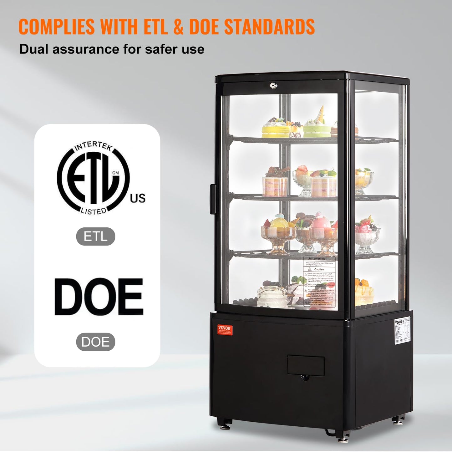 VEVOR XC-78L(1R) Cake Refrigerated 3 Cu.Ft./85L Countertop Pastry, Commercial Display Case with LED Lighting, TURBO, Frost-Free Air-Cooling, Locked Door for Bakery, 18.8 x 16.9 x 38 in, Black