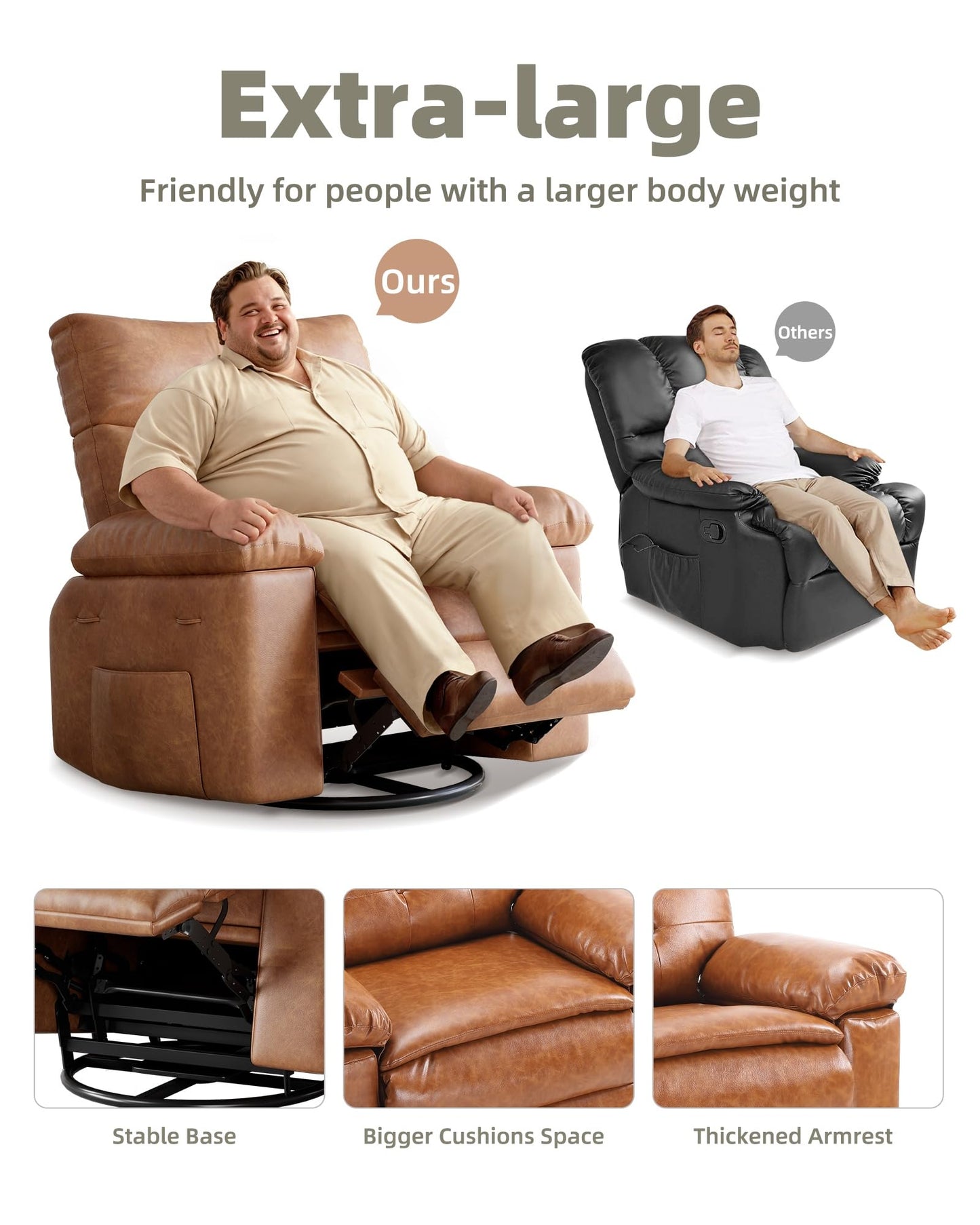 GarveeHome Leather Recliner Chair - Heat and Massage, Swivel Rocker Manual Recliner for Adults, Lazy Rocking Chair with Comfort Arms and Back Single Sofa for Living Room
