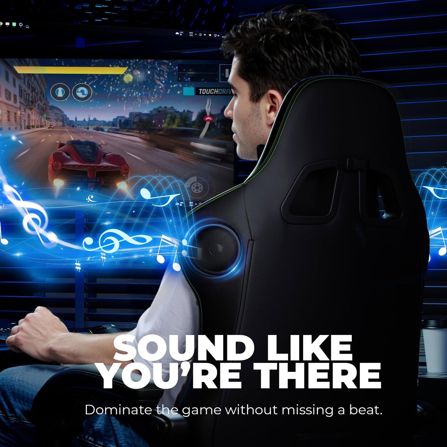 GTPLAYER ACE-PRO Music Gaming Chairs – Built-in Speakers, App Support & Bluetooth Control, Computer Game Chairs with Footrest for Adults, Ergonomic, Reclining, Linkage Armrest, Black & Green Stitch