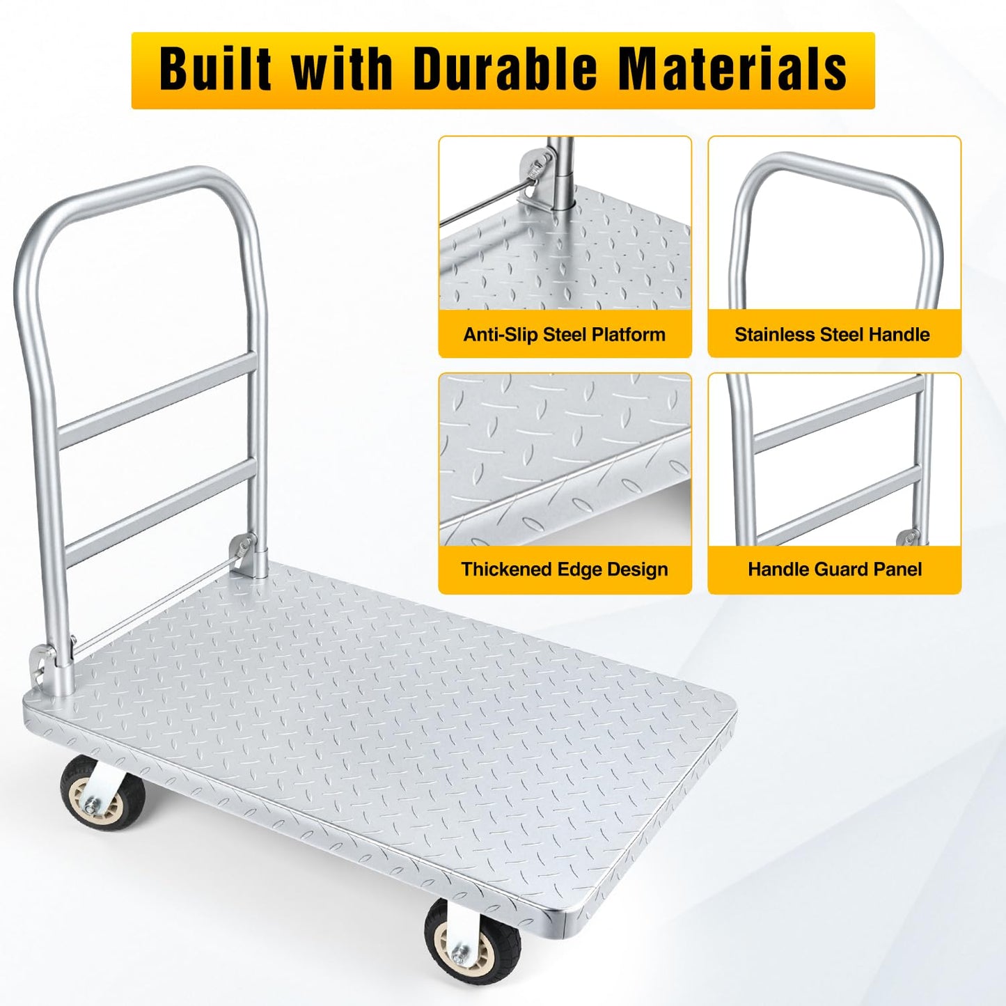 POTOLON Stainless Steel Platform Cart 1320 lbs Heavy Duty Flatbed Push Dolly with 5 Inch Rubber Wheels 36 x 24 Inch Platform Truck for Warehouse Industrial Use Black