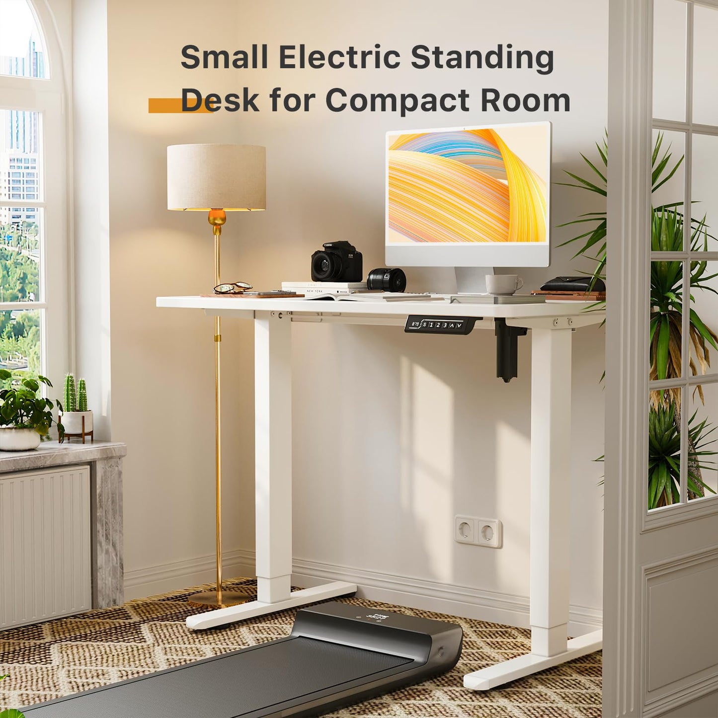 JOY worker Small Electric Standing Desk, 40" x 20" Whole Piece Height Adjustable Desk with Memory Controller, White Sit to Stand Desk Workstation for Home Office