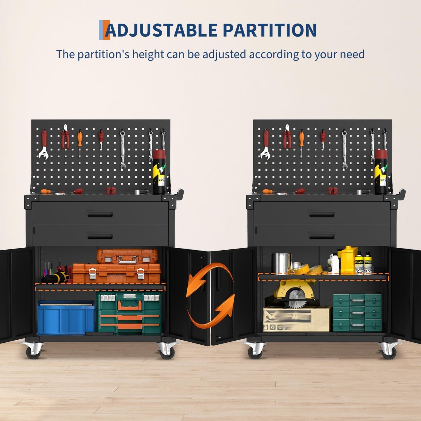 Garvee 35" Heavy-Duty Steel Rolling Tool Cabinet with 2 Deep Drawers, Adjustable Shelves & Pegboard, Locking Casters, Mobile Garage Storage Organizer & Workbench for Workshop, Warehouse Tools