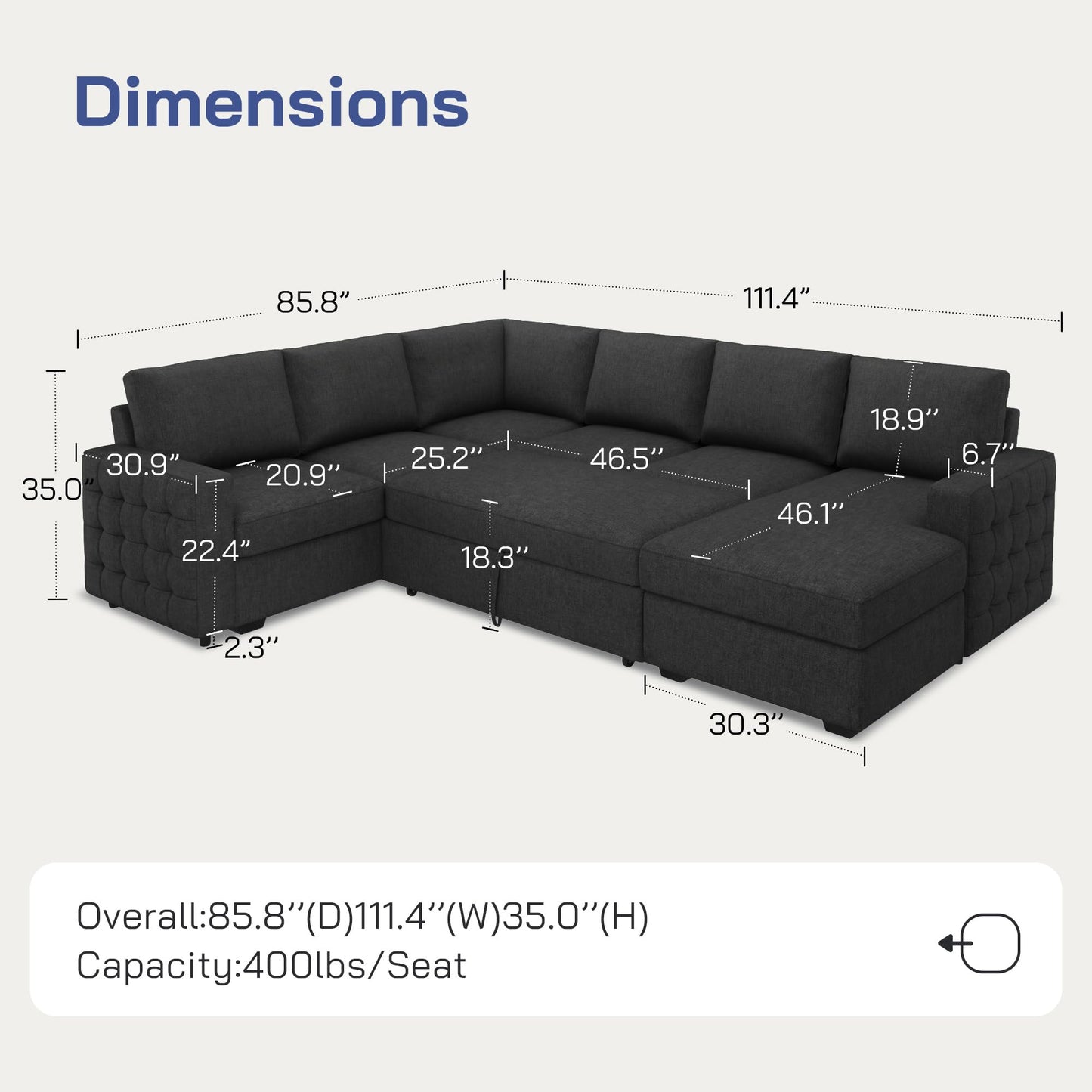 Leathaire 111 Inch Sectional Sleeper Sofa with Pull Out Bed, U Shaped 6 Seat Modular Sectional Couch with Storage for Living Room, Dark Grey