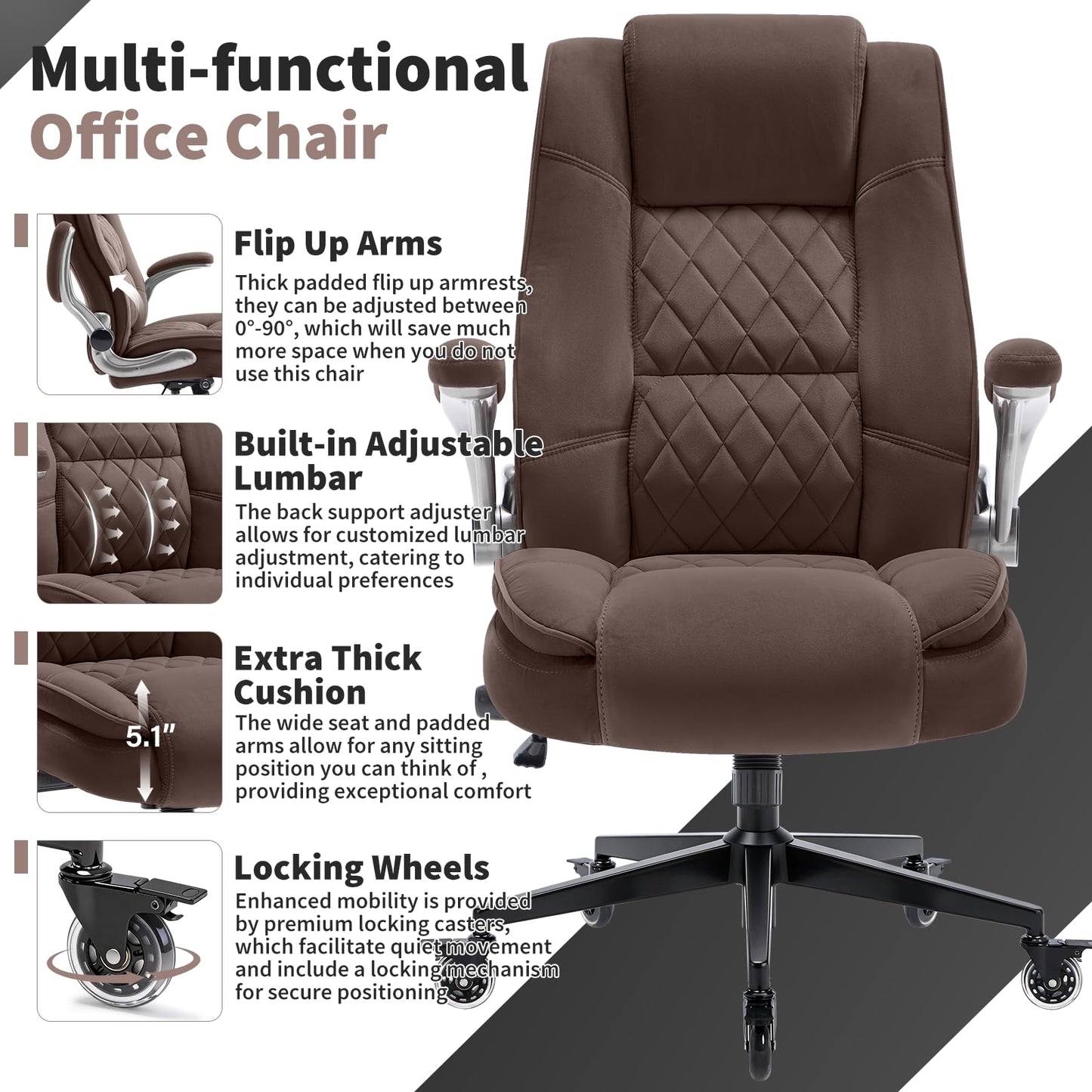 Fabric High Back Office Chair with Lockable Quiet Casters, Thick Padded Ergonomic Computer Chair- Adjustable Lumbar Support & Flip-Up Arms, Wide Executive Desk Chair for Back Pain, 400LBS Capacity
