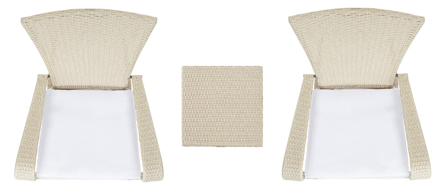 SAFAVIEH Outdoor - Edna 3-Piece Lounge Set - Beige & White - Steel Frame & Faux Rattan with Cushion - Wingback Tropical French Design - Ideal for Patio, Deck, Porch, Backyard (PAT7719B)
