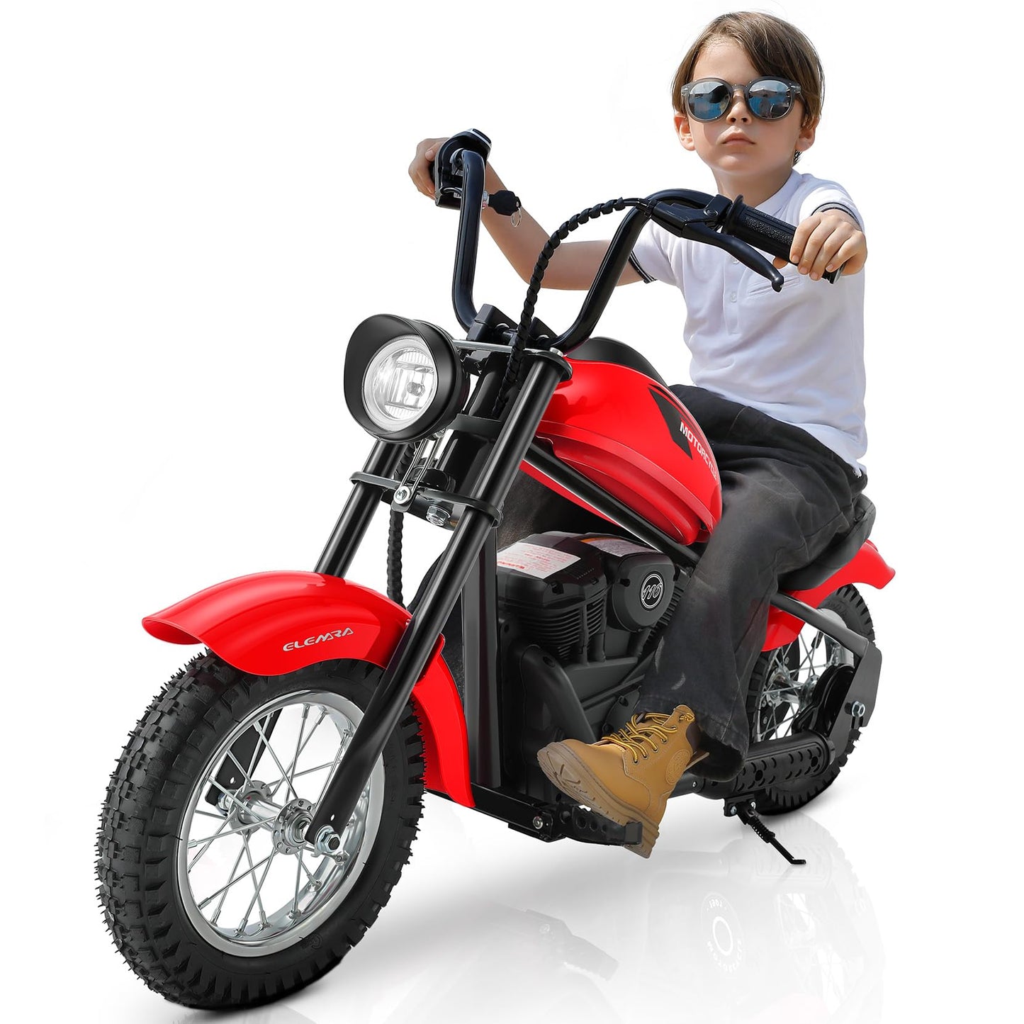 ELEMARA Electric Dirt Bike, 15 mph & 150lb Max, 24V Ride on Toy for Big Kids w/LED Lights & Power Display,Chain-Driven Motor,Twist-Grip Throttle, Shock Springs,Handbrake,12" Air-Filled Tires-Red