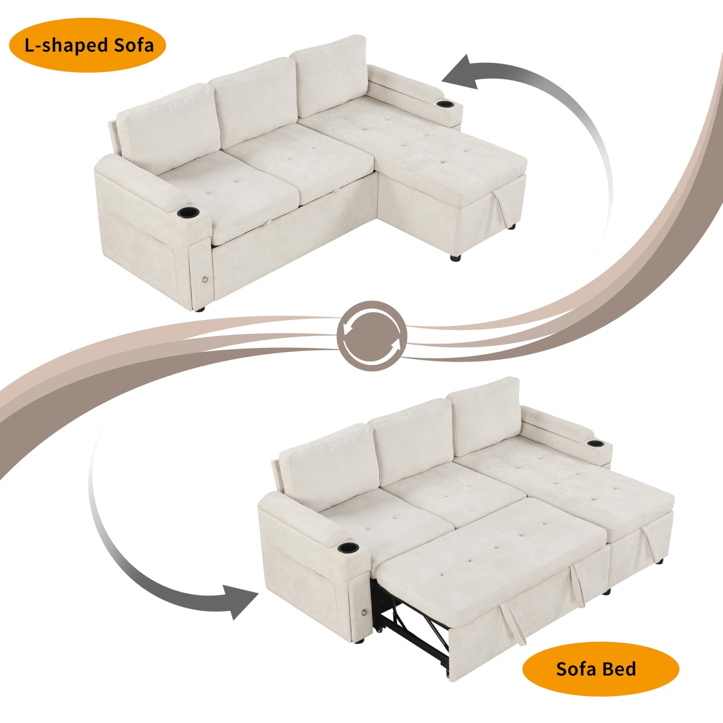 Eafurn 83.5" Sleeper Sectional Sofa with Pull Out Couch Bed, Convertible L-Shaped Sofa with Storage Chaise, Quick Assemble Sleeper Corner Sofa with Cup Holders & USB Ports