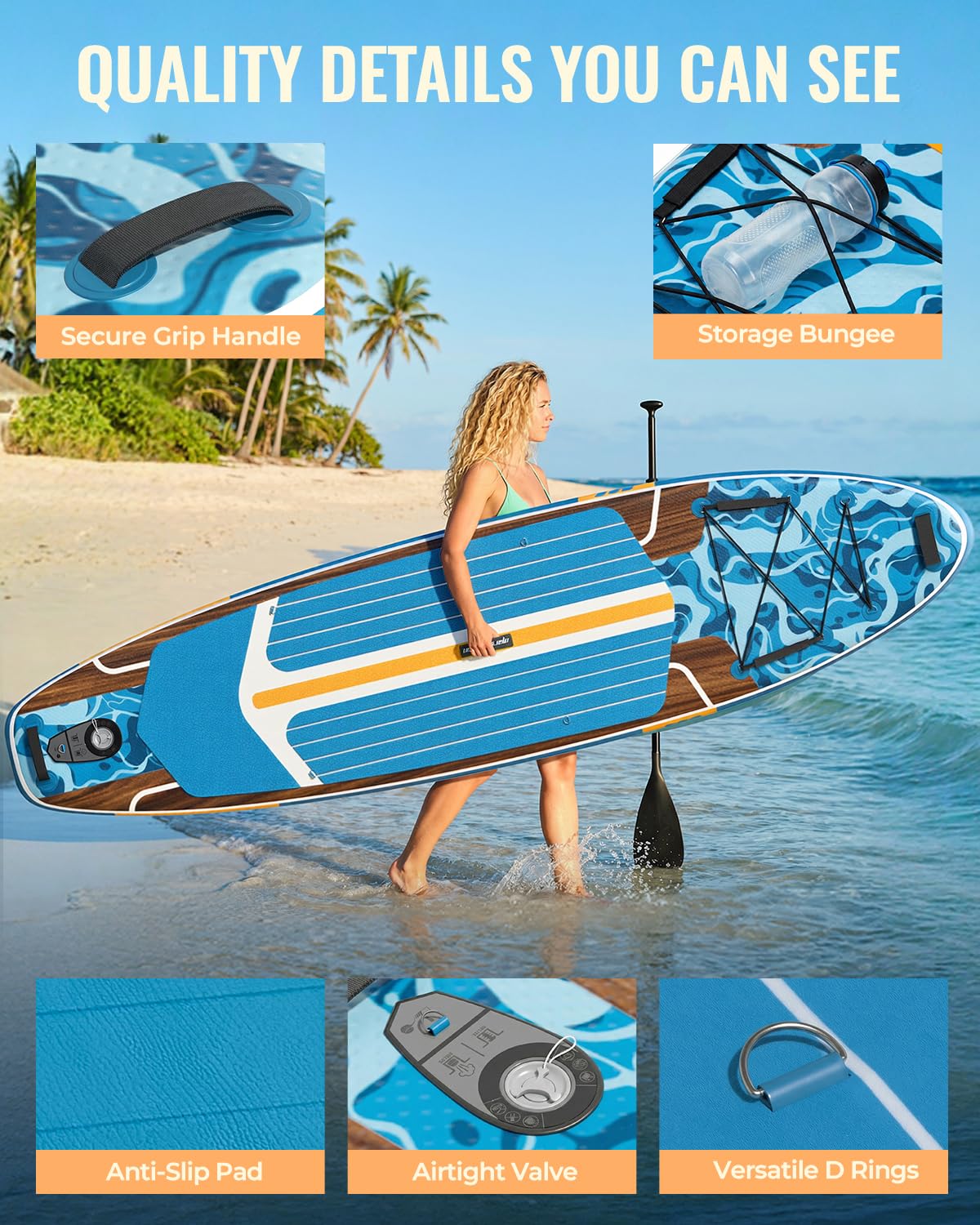 Marsdorgan 11ft Inflatable Stand Up Paddle Board, Wood Grain Ultra Lightweight SUP, 430lb Capacity for Adults Youth Family, for Fishing Camping, Complete Kit with Backpack & Pump, Walnut