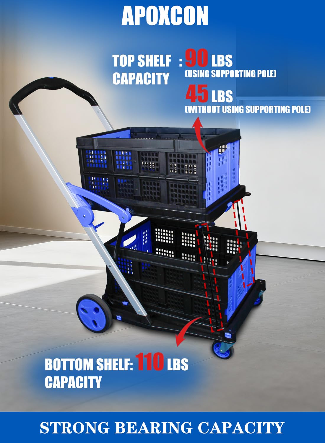 APOXCON Shopping Cart with 2 Storage Crates, Multi Use Two Tier Collapsible Cart with 360° Rolling Swivel Wheels Heavy Duty Folding Trolley for Shopping, Picnic and Office