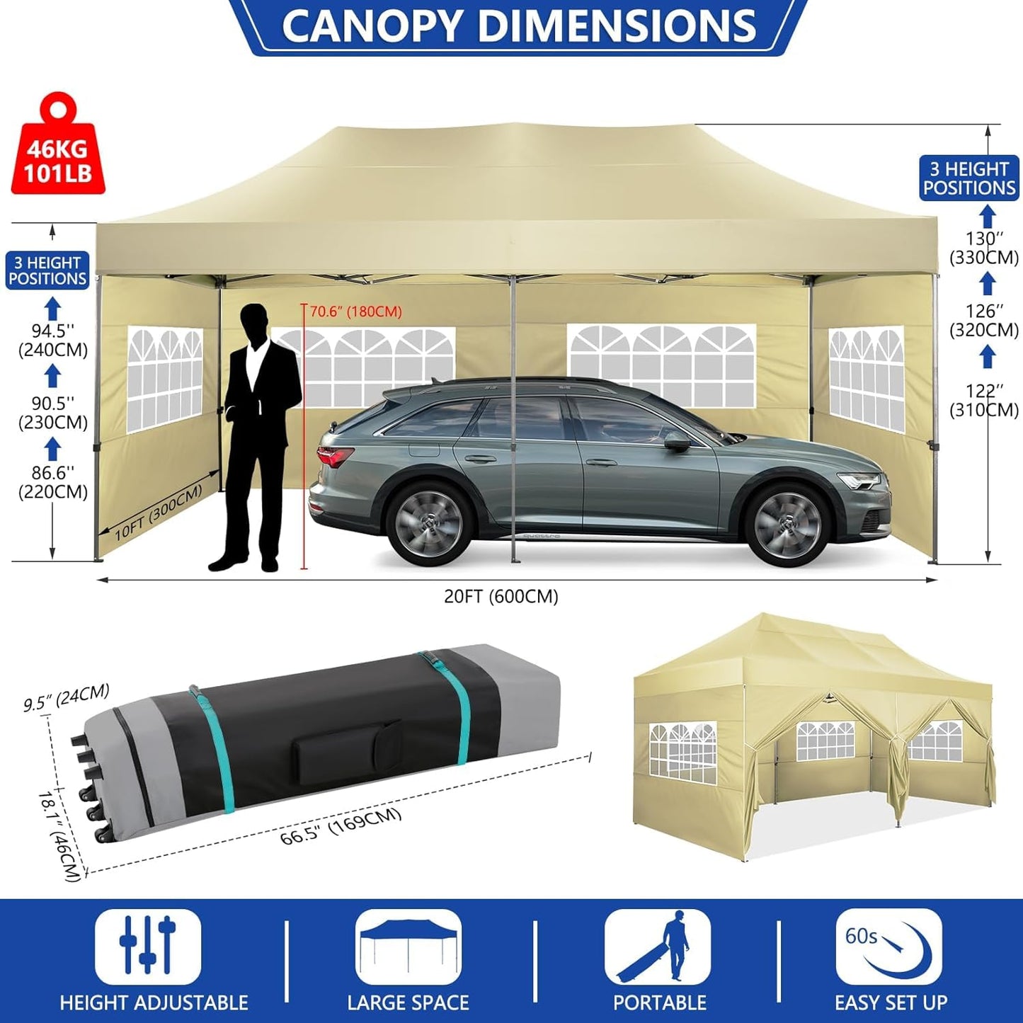 COBIZI 10x20 Pop up Canopy Tent Heavy Duty, Easy Set-up Commercial Outdoor Party Tent, 100% Waterproof Wedding Tents Gazebo, 3 Height Adjustable with Wheeled Bag, Khaki