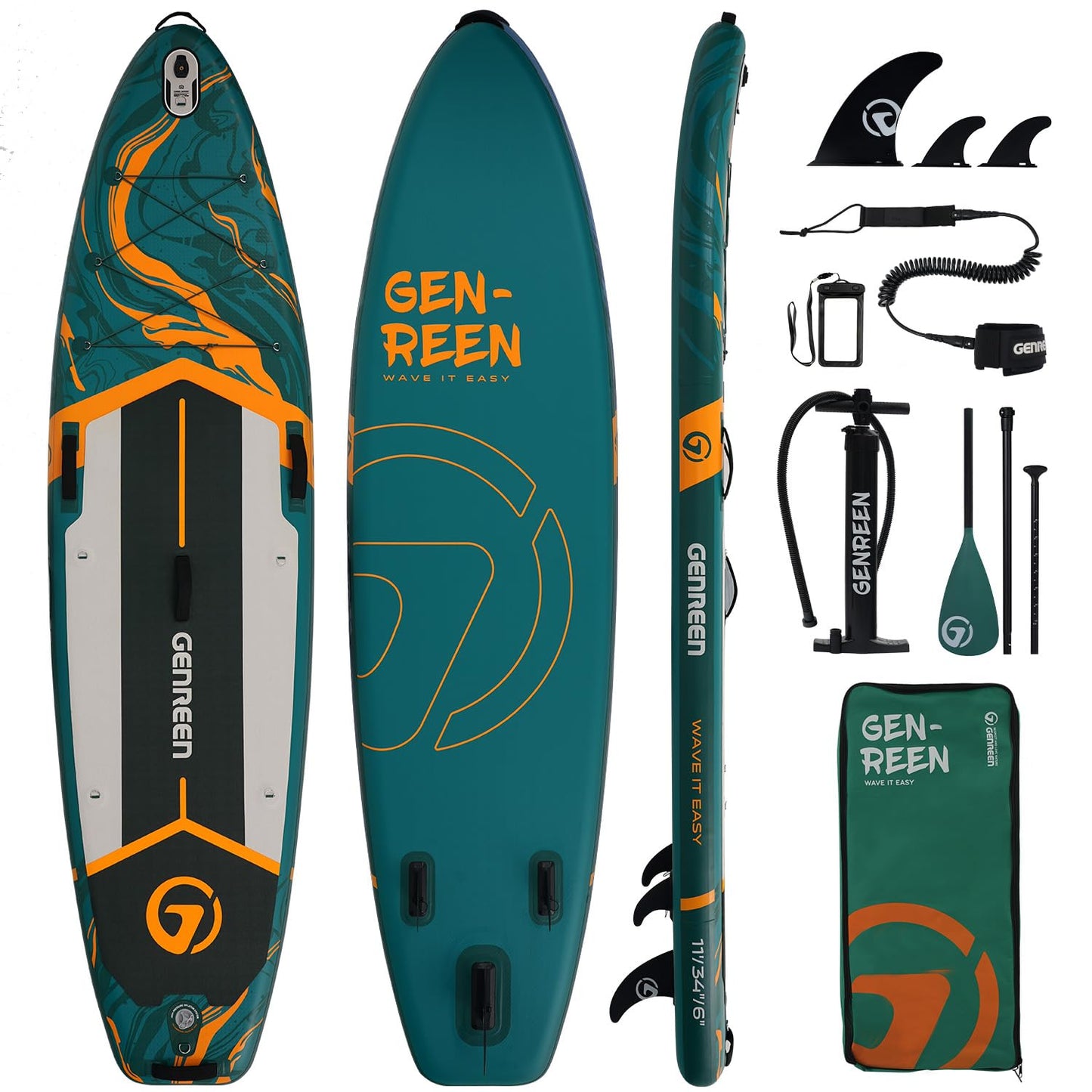 GENREEN Paddle Board sup Stand up Paddle Board Newly Improved 2 Side Layers 450LBS Quality Inspection×5 11'×34''×6'' for JP customers paddleboards Fishing Family Pet Friendly (Forest Green)