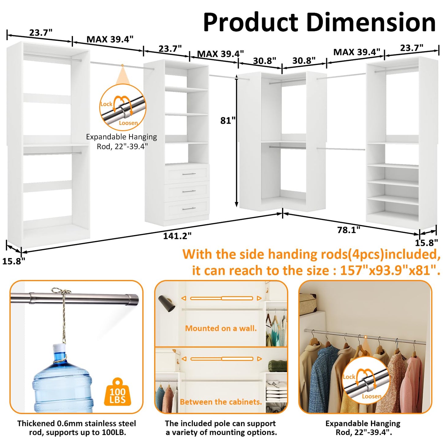 Sokiche Closet Organizer System of 4 Sets with 3 Drawers, 9 Hanging Rods & 8 Shelves, 157" Walk in Closet System, Corner Closet Organizer, Modular Standalone Closet, White
