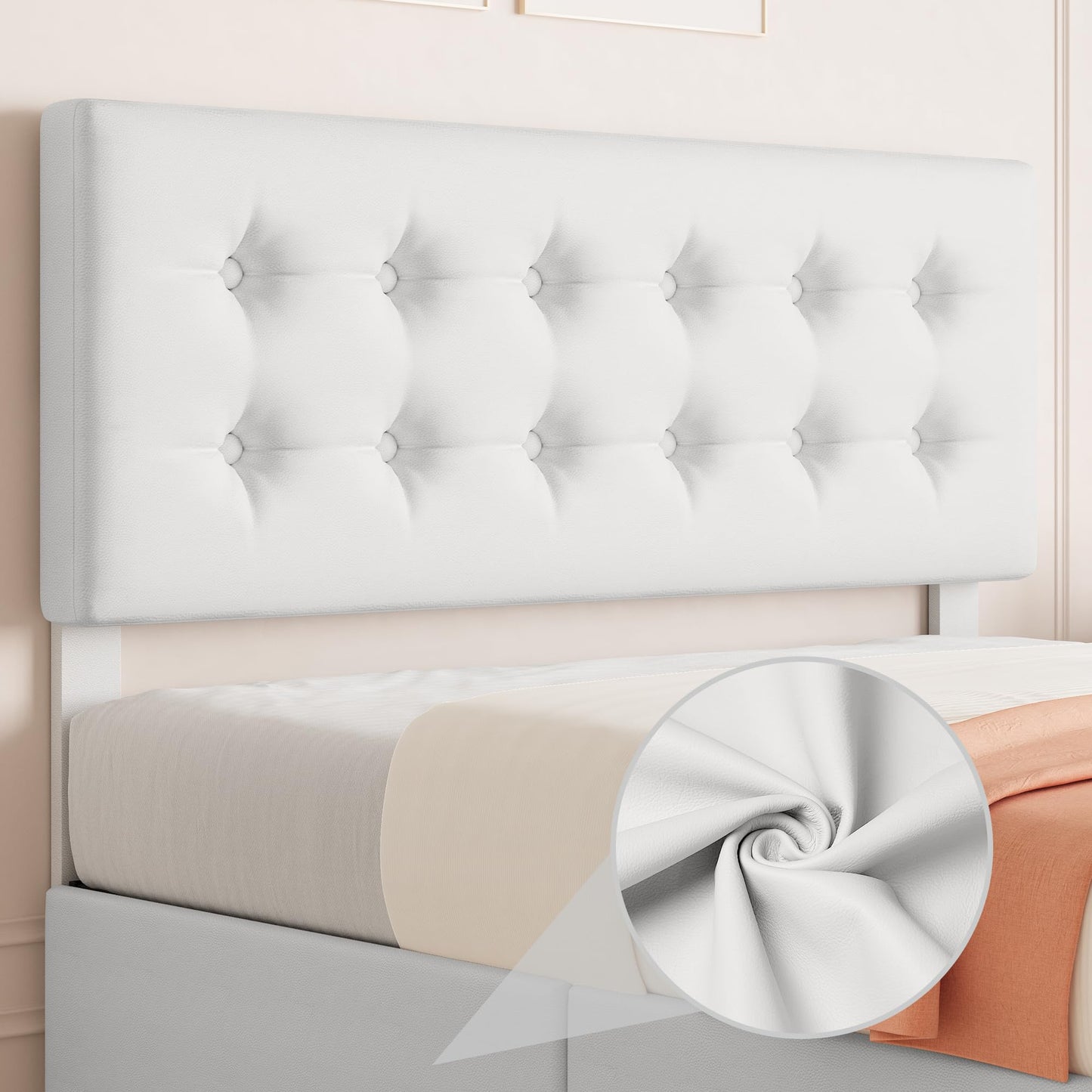 IDEALHOUSE Full Size Bed Frame with 4 Storage Drawers and Headboard, Faux Leather Upholstered Platform Bed Frame with Wooden Slats Support, Button Tufted Design, No Box Spring Needed, White