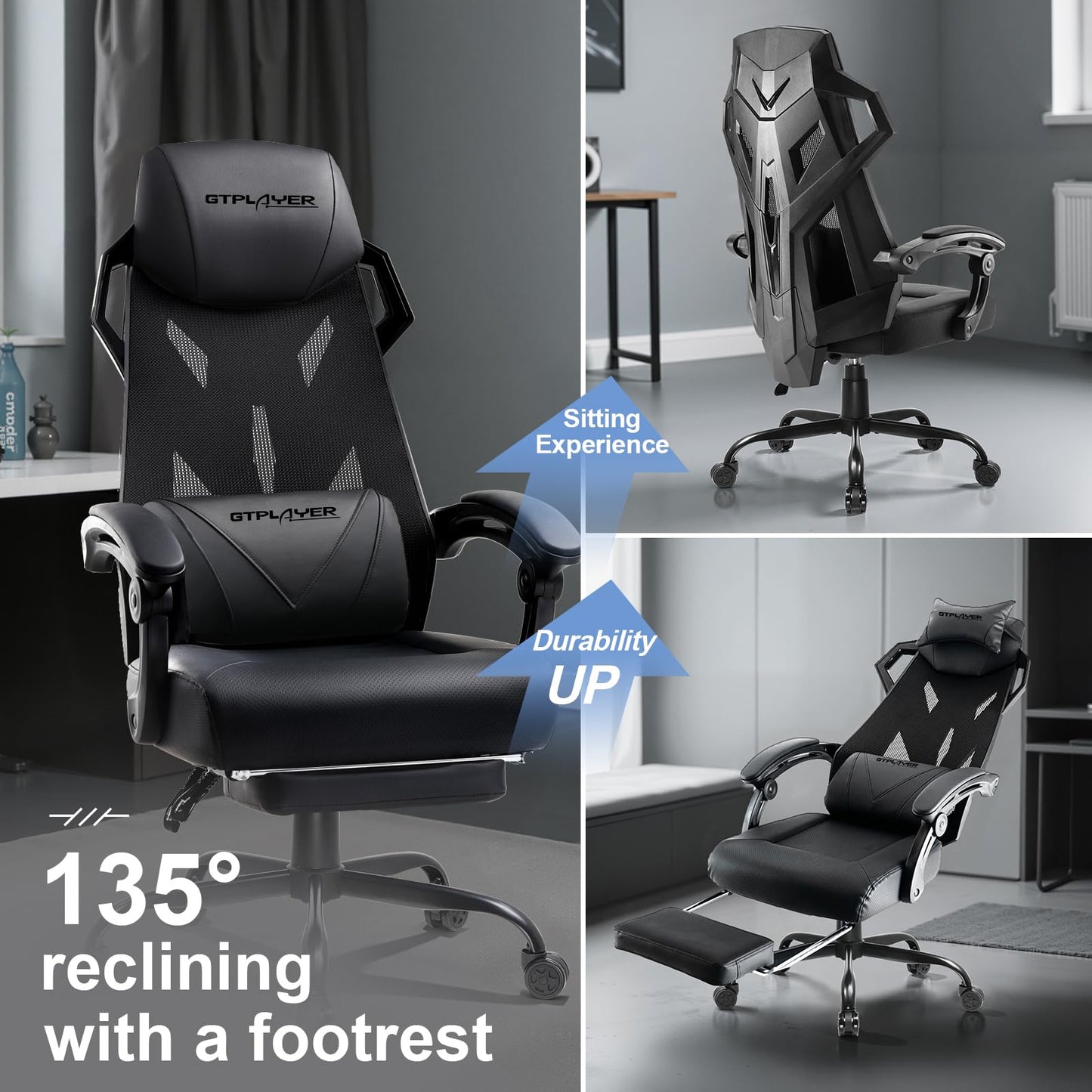 GTPLAYER Gaming Chair, Computer Chair with Mesh Back, Ergonomic Gaming Chair with Footrest, Reclining Gamer Chair with Adjustable Headrest and Lumbar Support for Gaming and Office (Black)