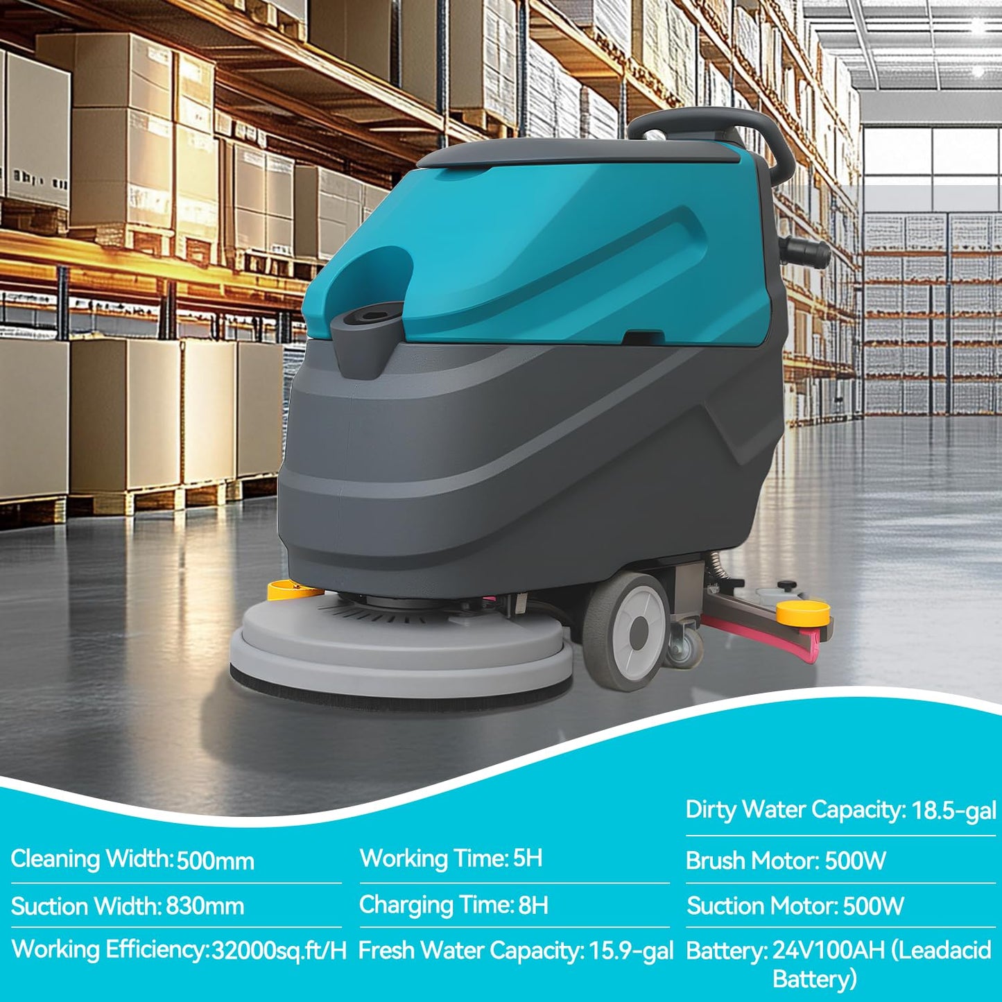 KARHDIR Walk-behind Floor Scrubber Machine, 22" Cleaning Width, 31.5" Suction Width, 18.5-gal Sewage Tank, 15.9-Clear water tank, 32000 Sqft/h, Complete Set of Parts