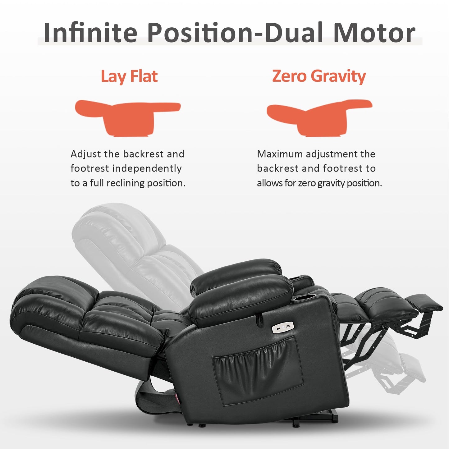 MCombo Dual Motor Power Lift Recliner Chair for Elderly, Lay Flat Lift Chair with Heat and Massage, Cup Holders, USB Ports, Faux Leather 7890 (Black, Medium)