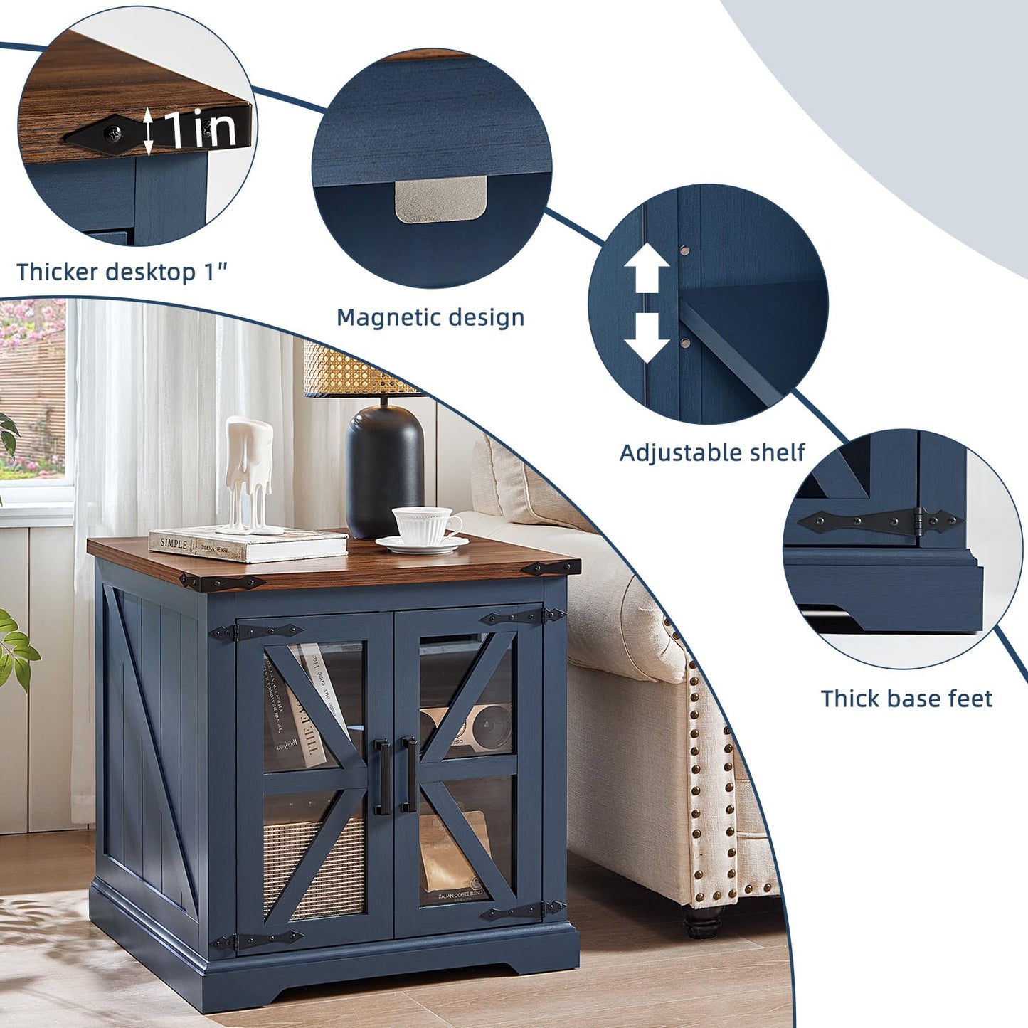 Joaxswe End Tables Living Room Set 3 with Charger Station, Farmhouse 18'' Narrow Night Stand and 24" Square Side Table with Glass Barn Door Storage, Wood Nightstand Bedside Tables for Bedroom Office ﻿