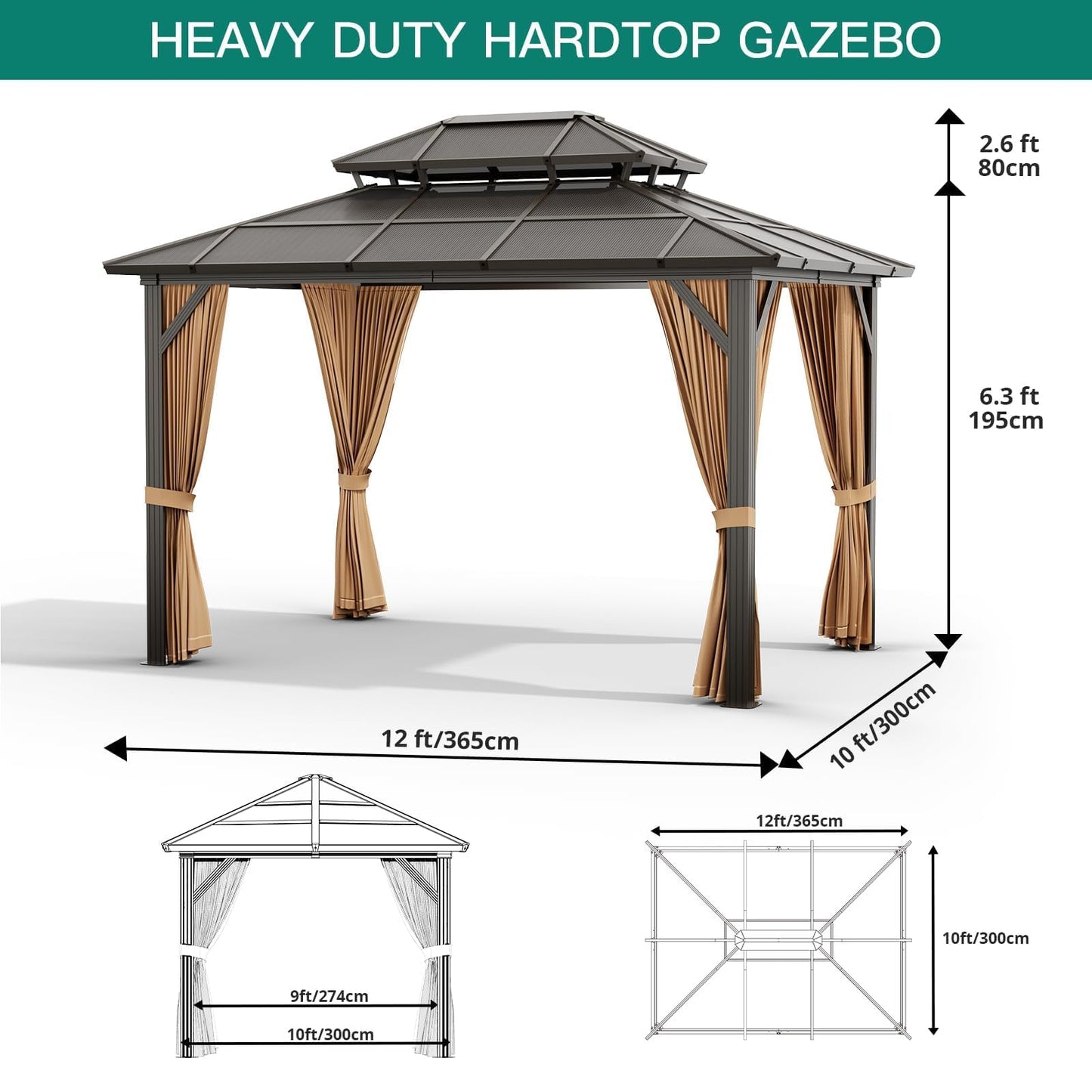 Hetoy 10'x13' Gazebo Hardtop Gazebo, Heavy Duty Aluminum Frame Permanent Pavilion with Curtains and Netting, Outdoor Polycarbonate Double Roof Canopy, Outdoor Pavilion for Patio, Garden, Lawn