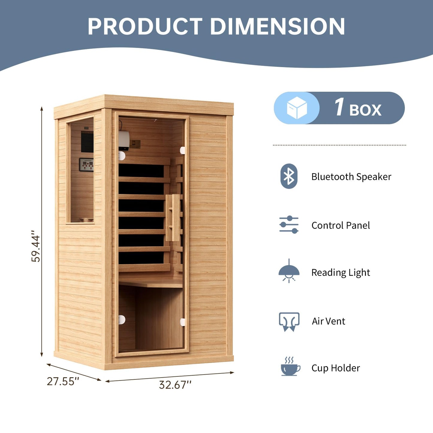 SunSwell Wood Infrared Sauna, 1 Person Traditional Home Sauna, Canadian Hemlock Indoor Dry Sauna Spa Room for Low EMF with Bluetooth Speakers and Control Panel, 32.67"x 27.55"x 59.44"