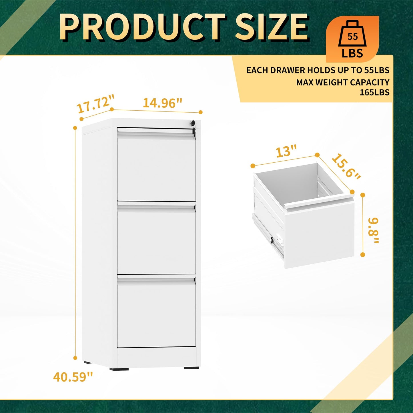 FOSTOKO 3 Drawer File Cabinet with Lock, White Steel Vertical Filing Storage Cabinet for Home Office, Heavy-Duty File Cabinets for Letters/Legal/A4, Require Assembly