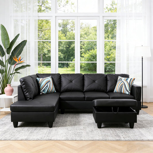 Trygoal 97 inch L-Shape Sofa with Storage Ottoman, Leather Sectional Couch with Left Chaise, Modern 3-Piece Sofa Set, Upholstered Couch Set with Solid Wood Frame for Apartment, Loft, Black