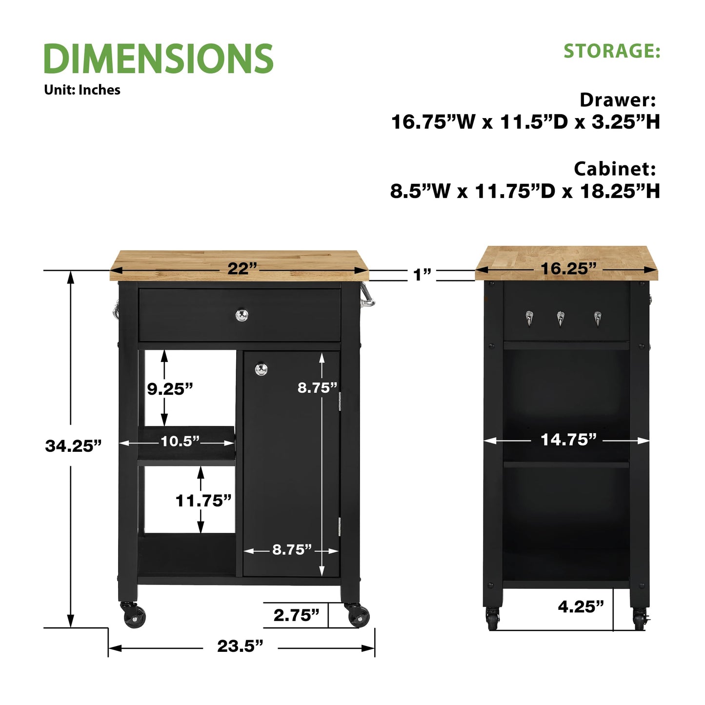 OSP Home Furnishings Derry Modern Farmhouse Kitchen Cart with Natural Butcher Block Top, Rolling Storage Cabinet with Drawer, Shelves, Hooks, Black Finish