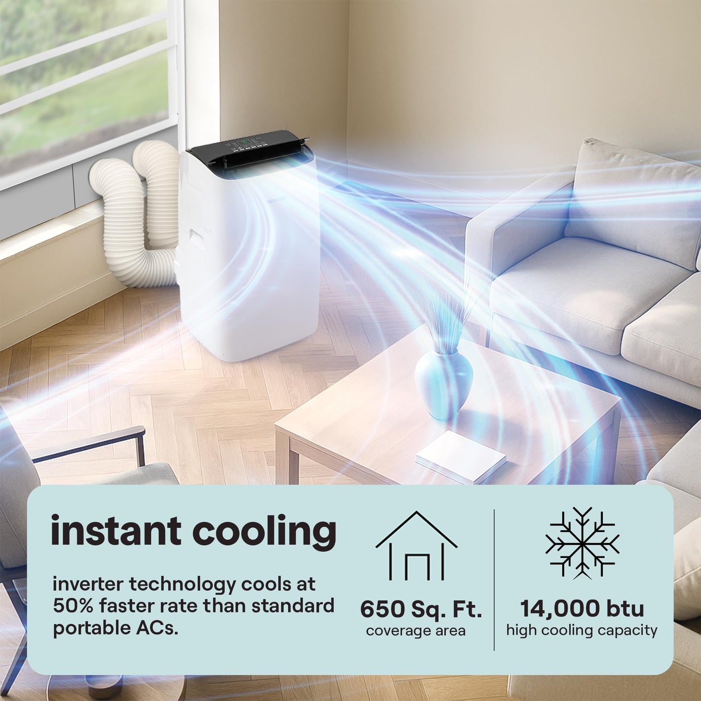 SereneLife 14,000 BTU Dual Hose Portable Inverter Air Conditioner, Smart Cooling Heating with WiFi, Ultra Quiet, Energy Efficient, For Bedrooms, Living Spaces & Offices, 650 Sq. Ft. Coverage