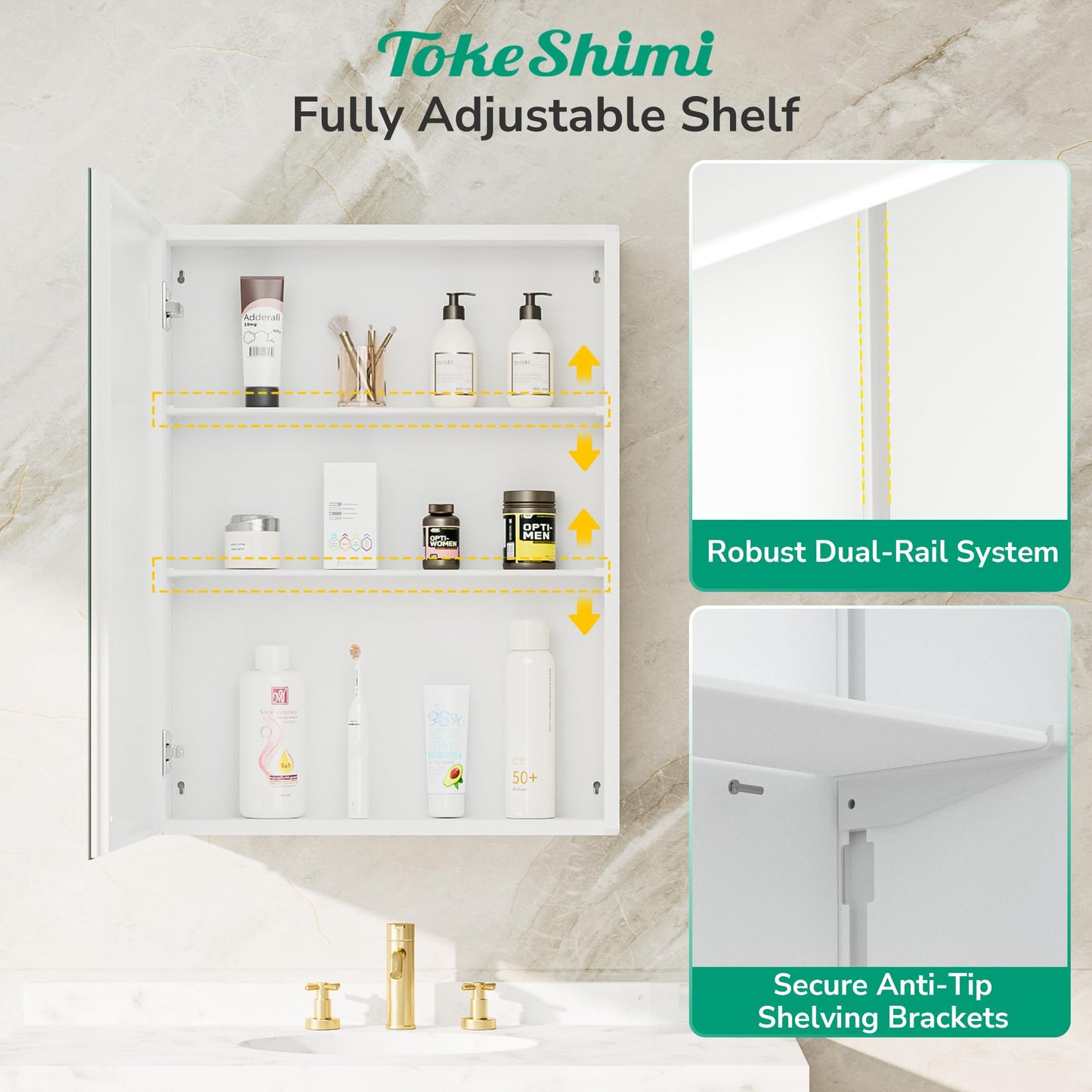TokeShimi 30 x 26 Medicine Cabinet, Assembly Required, Recessed Medicine Cabinet with Tempered Beveled Mirror, DTC Hinge, Frameless Bathroom Mirror with Storage, Recessed/Surface-Mounted