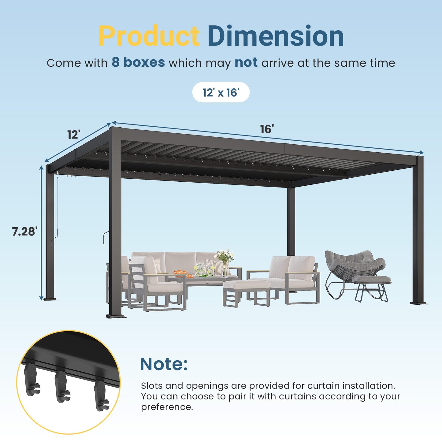 12' x 16' Louvered Pergola, Metal Outdoor Pergola with Adjustable Louvered Roof & Gutter System, Hardtop Patio Gazebo for Backyard, Deck, Garden, Dark Gray