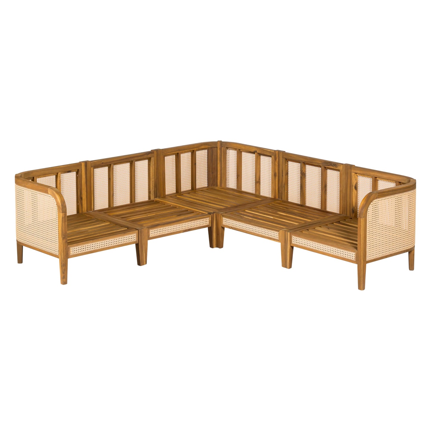 Merax 5 Piece Patio Outdoor Furniture Set, All-Weather Rattan Wicker L-Shaped Sectional Sofa w/Cushions, Acacia Wood 5-Seater Couch Set for Porch, Lawn, Backyard, Balcony, Teak+ Beige