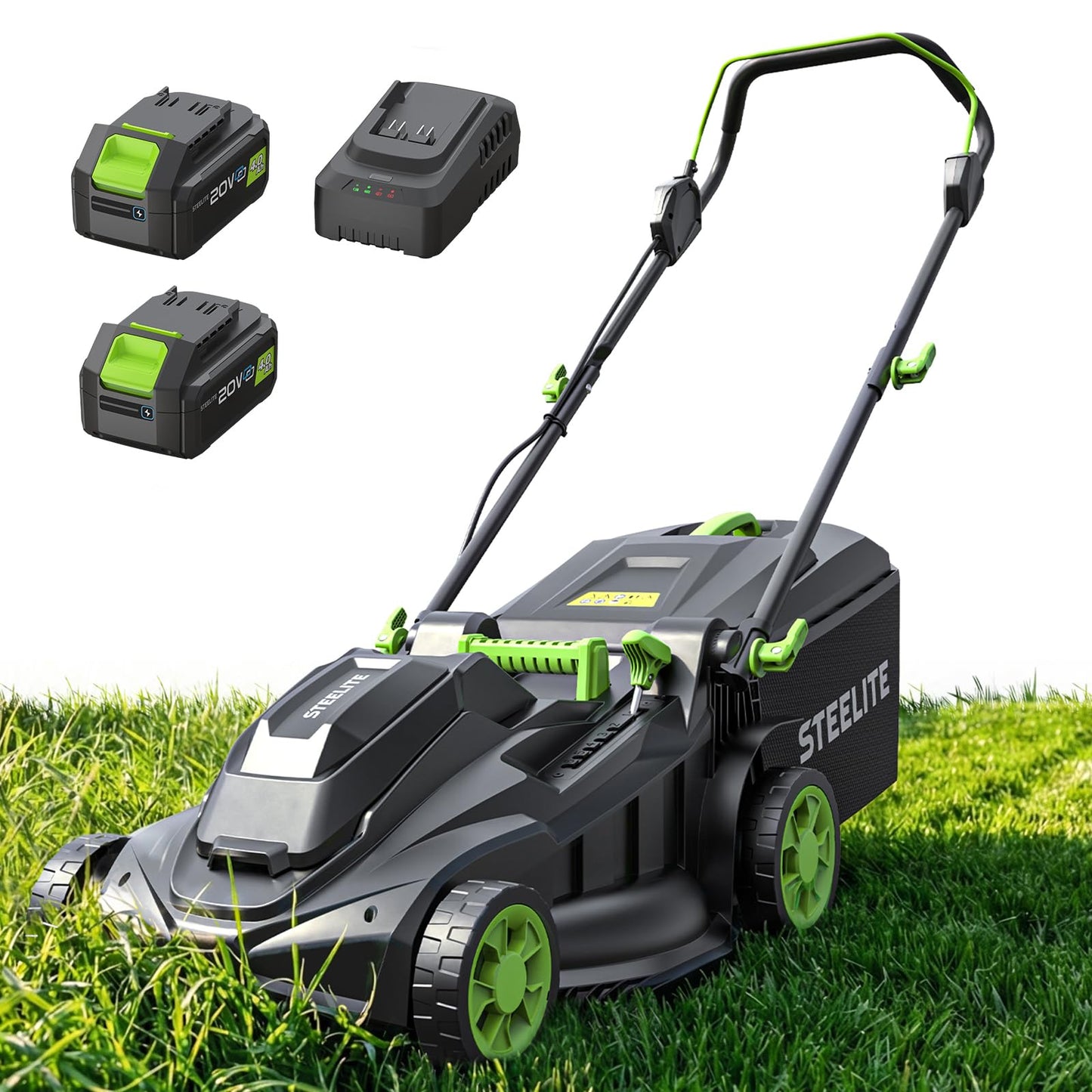 STEELITE 40V 17 Inch Brushless Electric Lawn Mower, Adjustable Cutting Heights Cordless Lawn Mower, 2-in-1 Bagging Mulching Lawn Care Tool, Powered by 2 Rechargeable 4.0Ah Batteries with Charger,Green