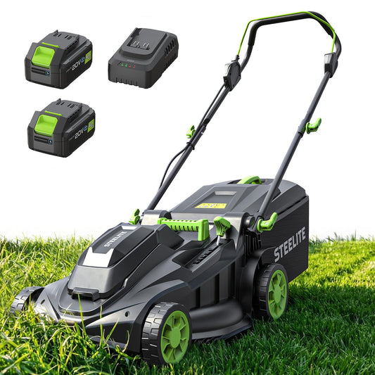 STEELITE 40V 17 Inch Brushless Electric Lawn Mower, Adjustable Cutting Heights Cordless Lawn Mower, 2-in-1 Bagging Mulching Lawn Care Tool, Powered by 2 Rechargeable 4.0Ah Batteries with Charger,Green