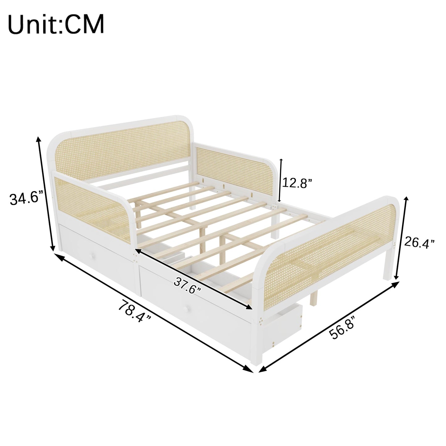 KEIKI Full Size Pine Wood Platform Bed Frame with 2 Storage Drawers & Headboard & Footboard, for Boys and Girls, Rattan Bed with Solid Slat, No Box Spring Required, Easy Assembly, for Bedroom, White