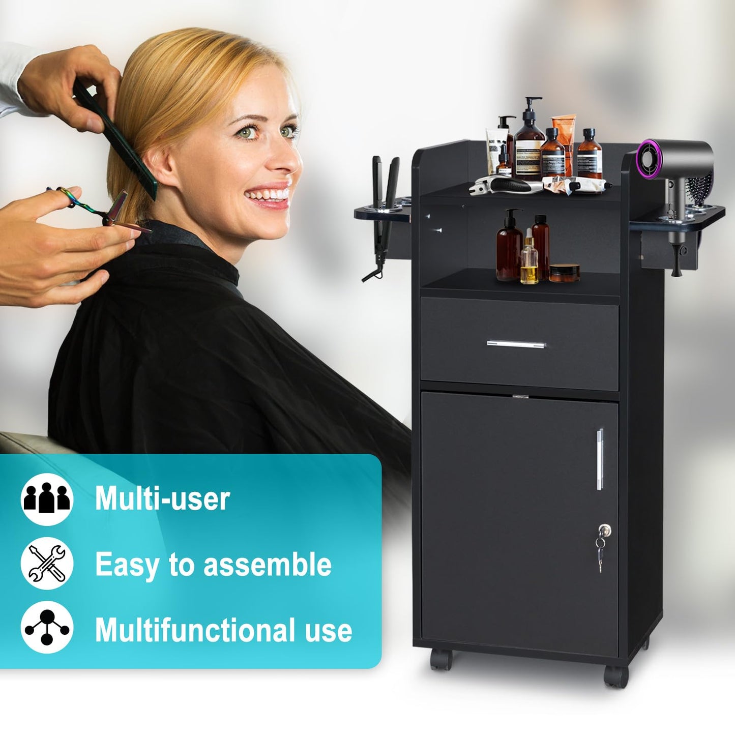 Salon Trolley Cart - Professional Hairdressing Rolling Cart with Tool Holders, Swivel Wheels, Black Salon Storage Cabinet for Beauty, Barbershop, Mobile Stylist, Heavy Duty Rolling Organizer Carts