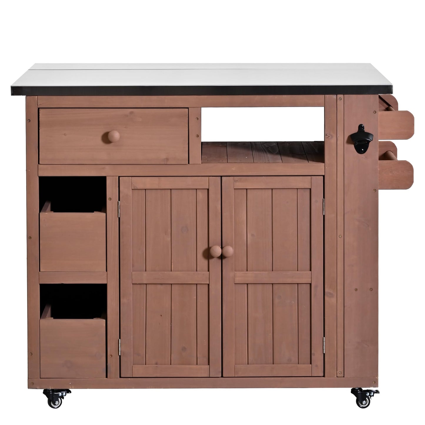 GDFStudio Winford Patio Kitchen Island Cart with Extendable Top, Wooden Outdoor Storage Cabinet with Stainless Steel BBQ Prep Table Top, Drawers, Spice Rack and Lockable Wheels, Potting Bench, Brown