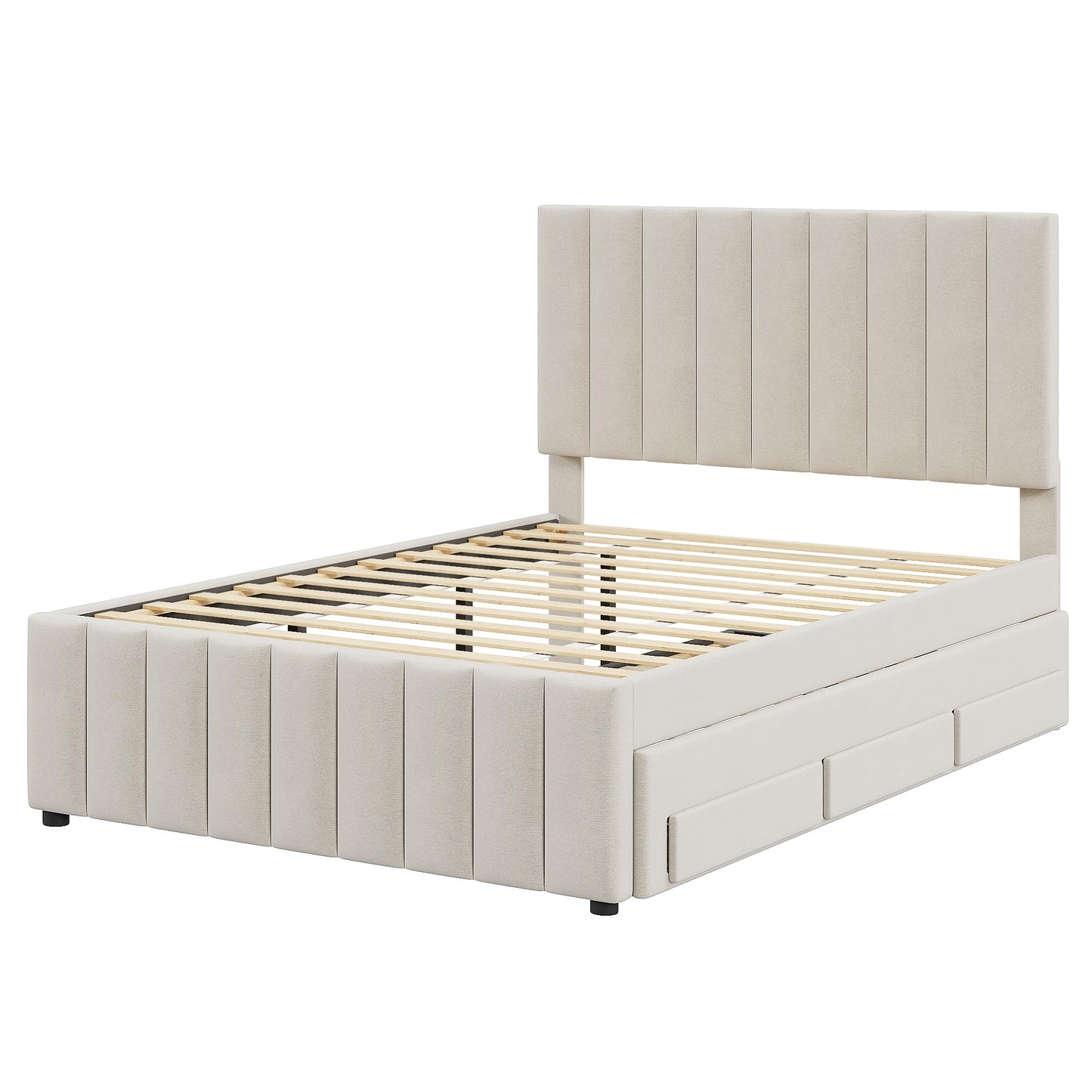 Merax Full Size Bed Frame with Trundle and 3 Storage Drawers, Elegant Linen Upholstered Platform Bed with Stripe Headboard for Bedroom, Small Spaces, No Box Spring Needed, Easy Assembly, Beige