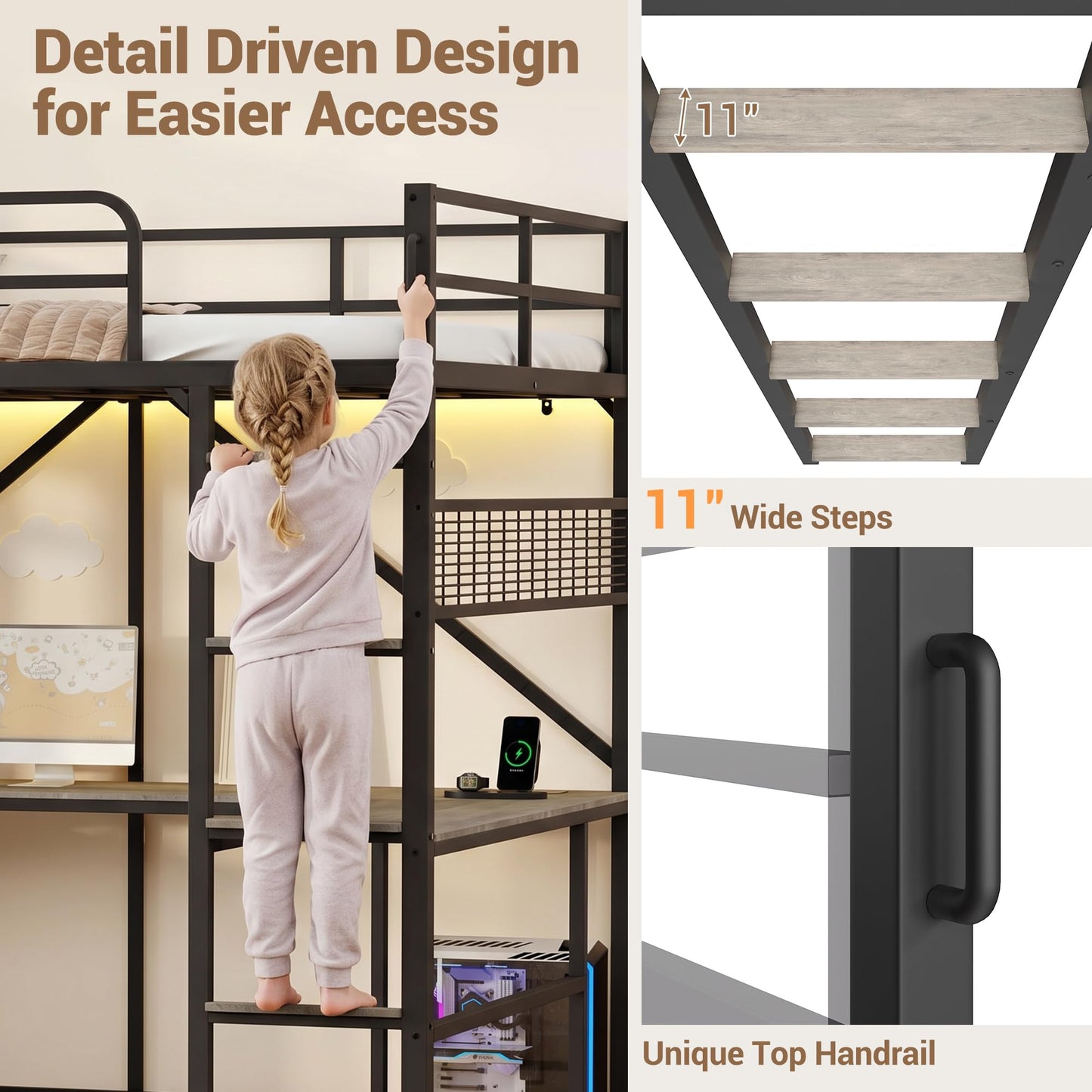 Garvee Loft Bed Full Size with u-Shaped Desk, 6 Storage Cubbies, Power Outlet, Bed Frame with LED & PC Stand, Heavy Duty Metal Bed Frame with Widened Ladder Feet for Apartment, Bedroom, Small Space