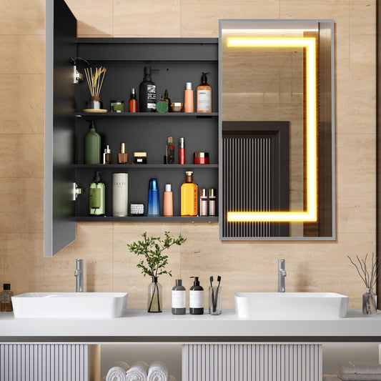 APRILSOUL 36x30 Inch Lighted Bathroom Medicine Cabinet with Mirror, Silver Recessed or Surface Mount Medicine Cabinet Mirror with Storage and LED Lights, 3 Colors Temperature, Dimmable Light