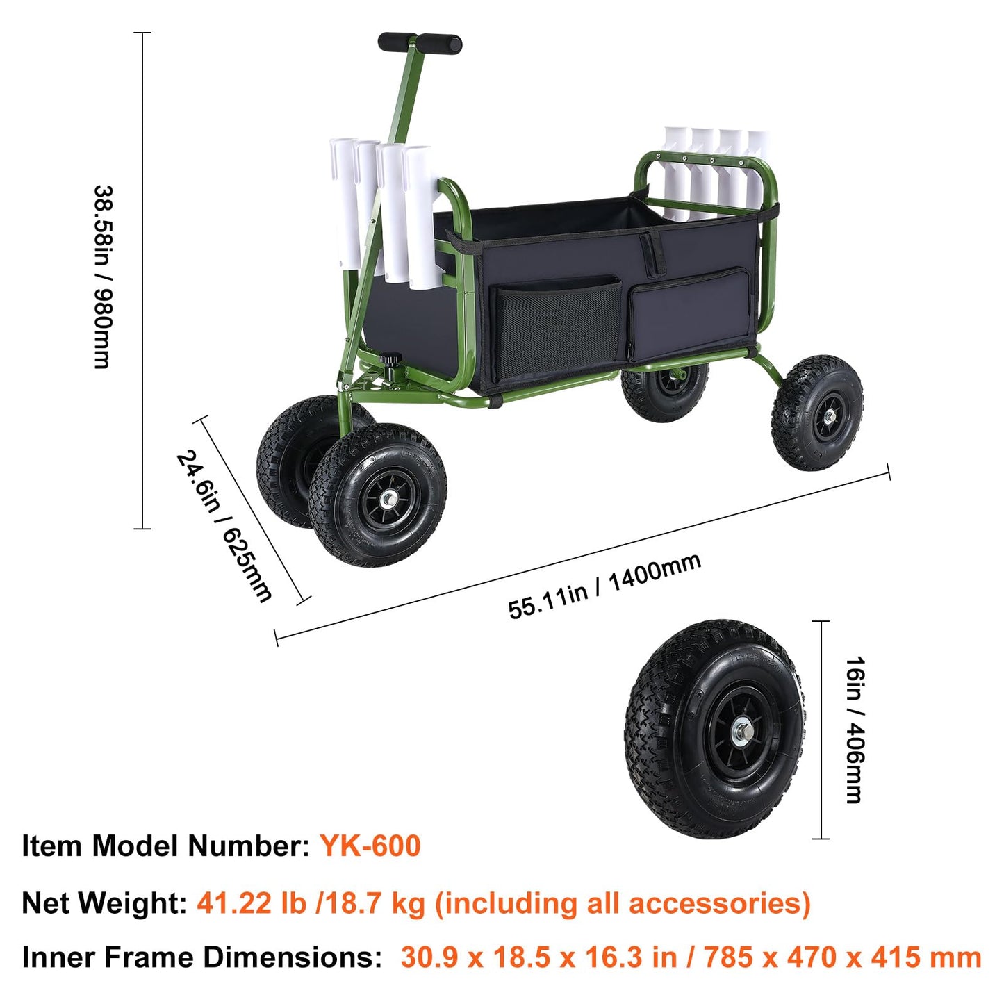 VEVOR Fishing Cart, 300 lbs Load Capacity, Foldable Fish and Marine Cart with Four 11" Big Wheels Rubber Balloon Tires, Heavy-Duty Steel Pier Wagon Trolley with 8 Rod Holders for Picnic