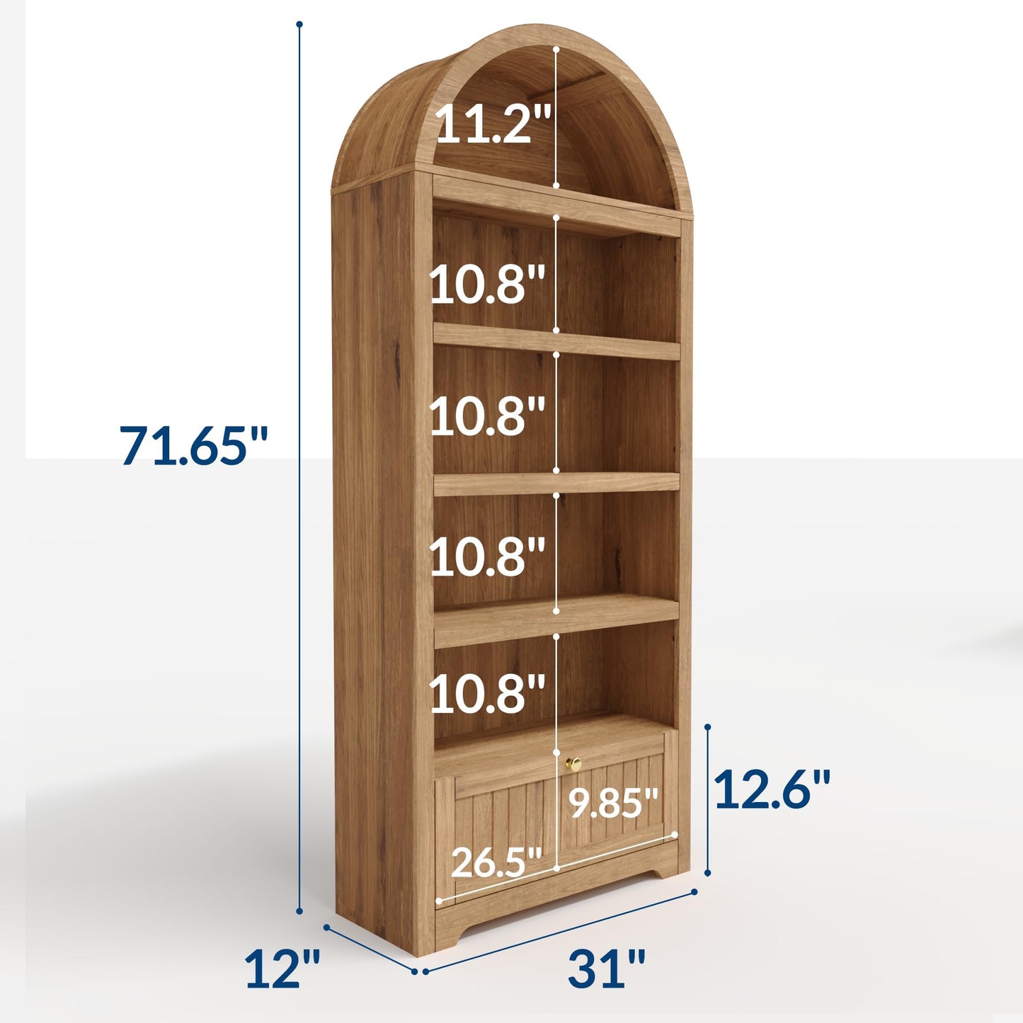GAOMON 71" Tall Arched Book Shelf, 6-Tier Freestanding Bookshelf with Drawer and Open Display Shelves, Mid Century Modern Arched Bookcase for Living Room, or Home Office, Natural