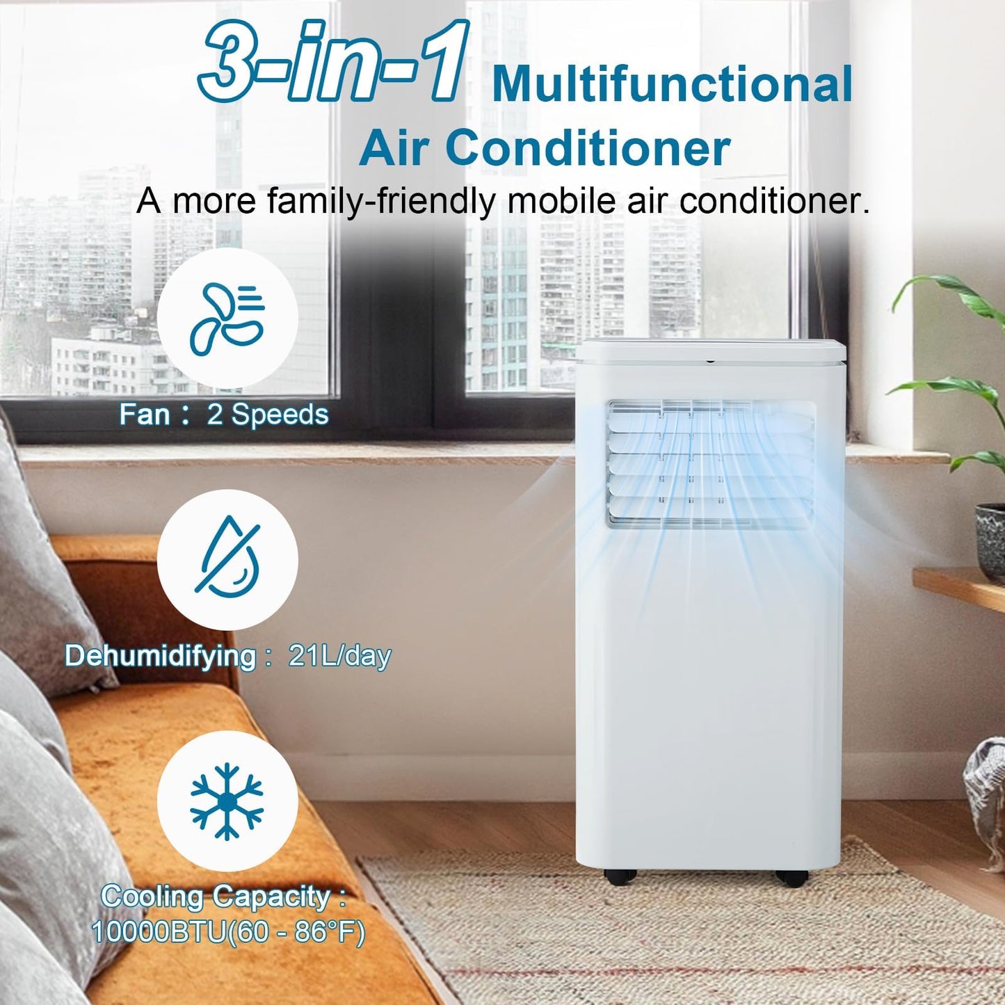 10,000 BTU Portable Air Conditioners - Cools 450 Sq. Ft., 4-in-1 Portable AC Unit with Cool, Fan, Dehumidifier, Sleep, 24H Timer, Remote & Installation Kit, for Bedroom, Office, Dorm