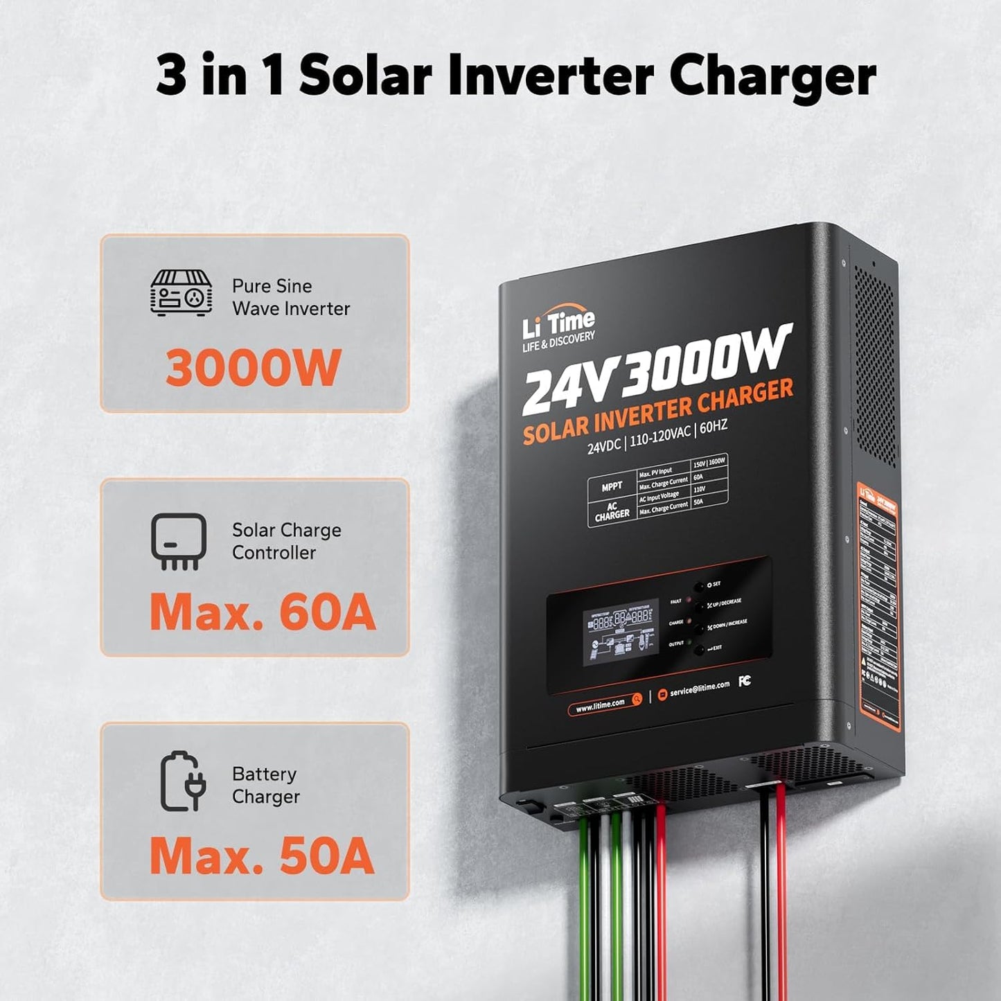 LiTime 24V 3000W Solar Inverter Charger, 60A MPPT Solar Controller, Pure Sine Wave Output, Uninterrupted Power Supply, RS485 Communication for Home Energy Storage, Off-Grid Solar System