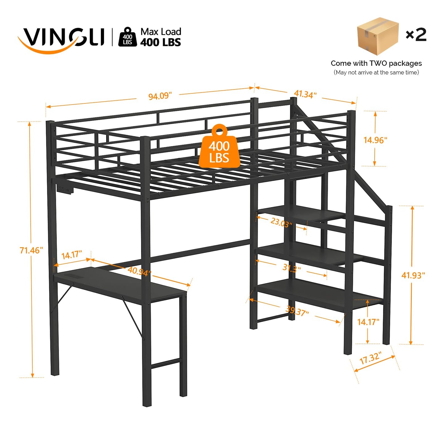 VINGLI Twin Loft Bed with Desk,15‘’ Extra High Safety Guardrail with 2 Charging Station,Heavy Duty Metal Loft Bed Frame with Staircase,LED Light, Kids/Teens/Adults,Black