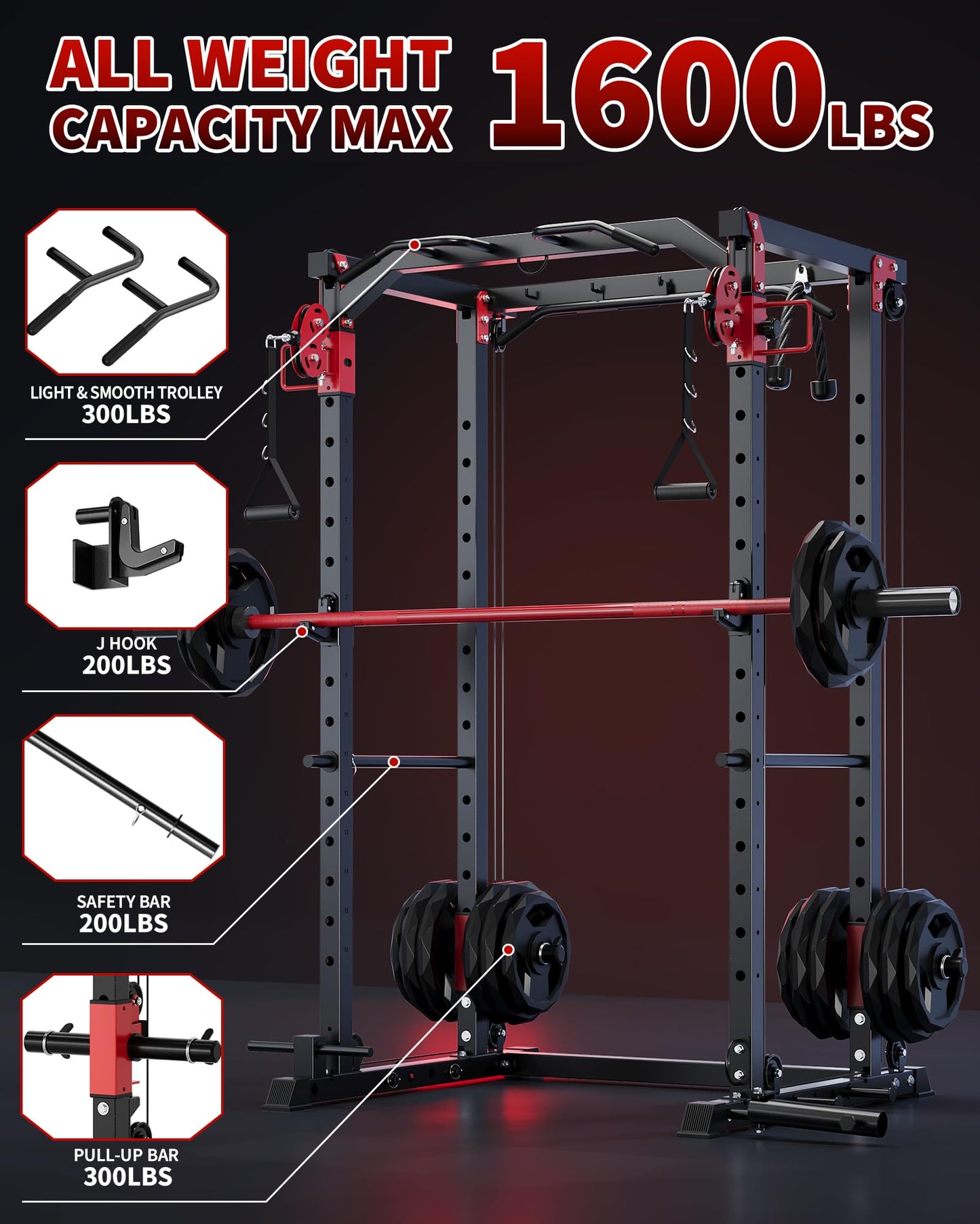 GarveeLife Power Cage with Dual Pulley System, 1600LB Multi-Function Squat Rack with Cable Crossover & LAT Pull Down, All-in-One Home Gym Strength Training Cage for Full Body Workout, Red Black