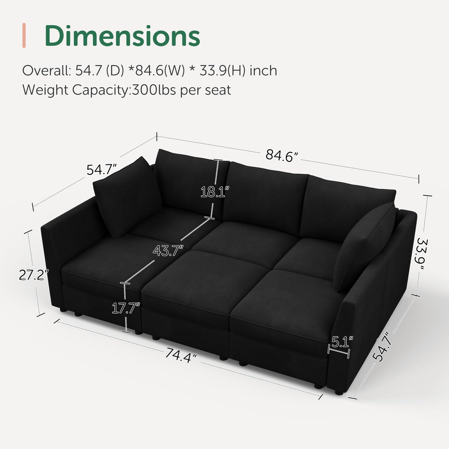 HONBAY Modular Sectional Couch Velvet Sleeper Sofa with Storage Seat Sectional Couches for Living Room,Black