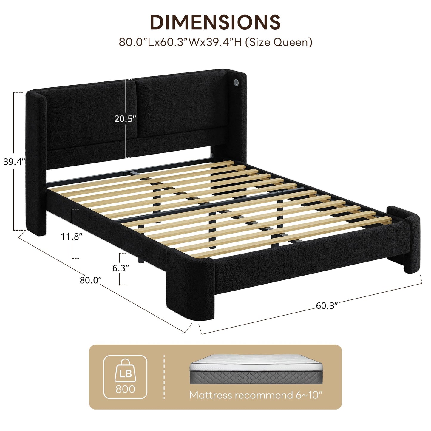 LIKIMIO Queen Bed Frame with Headboard, Upholstered Boucle Platform Bed with USB Ports, Base Camas Queen No Box Spring Needed, Black